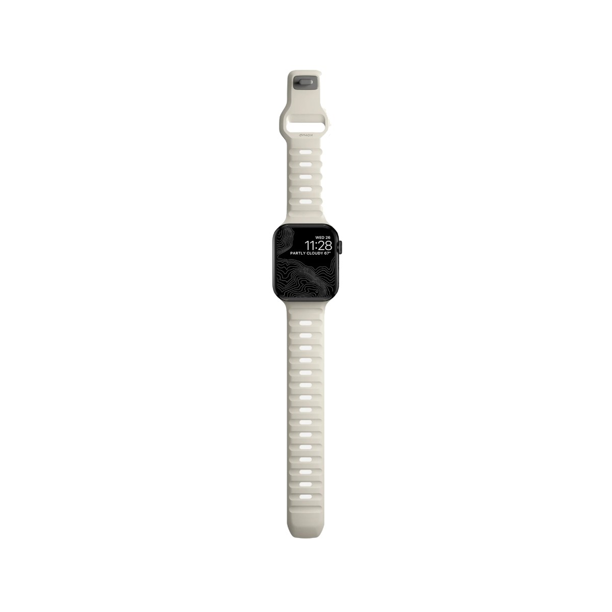 Un reloj inteligente beige con pantalla negra que muestra la hora, sobre una superficie blanca. La correa del reloj también es beige.