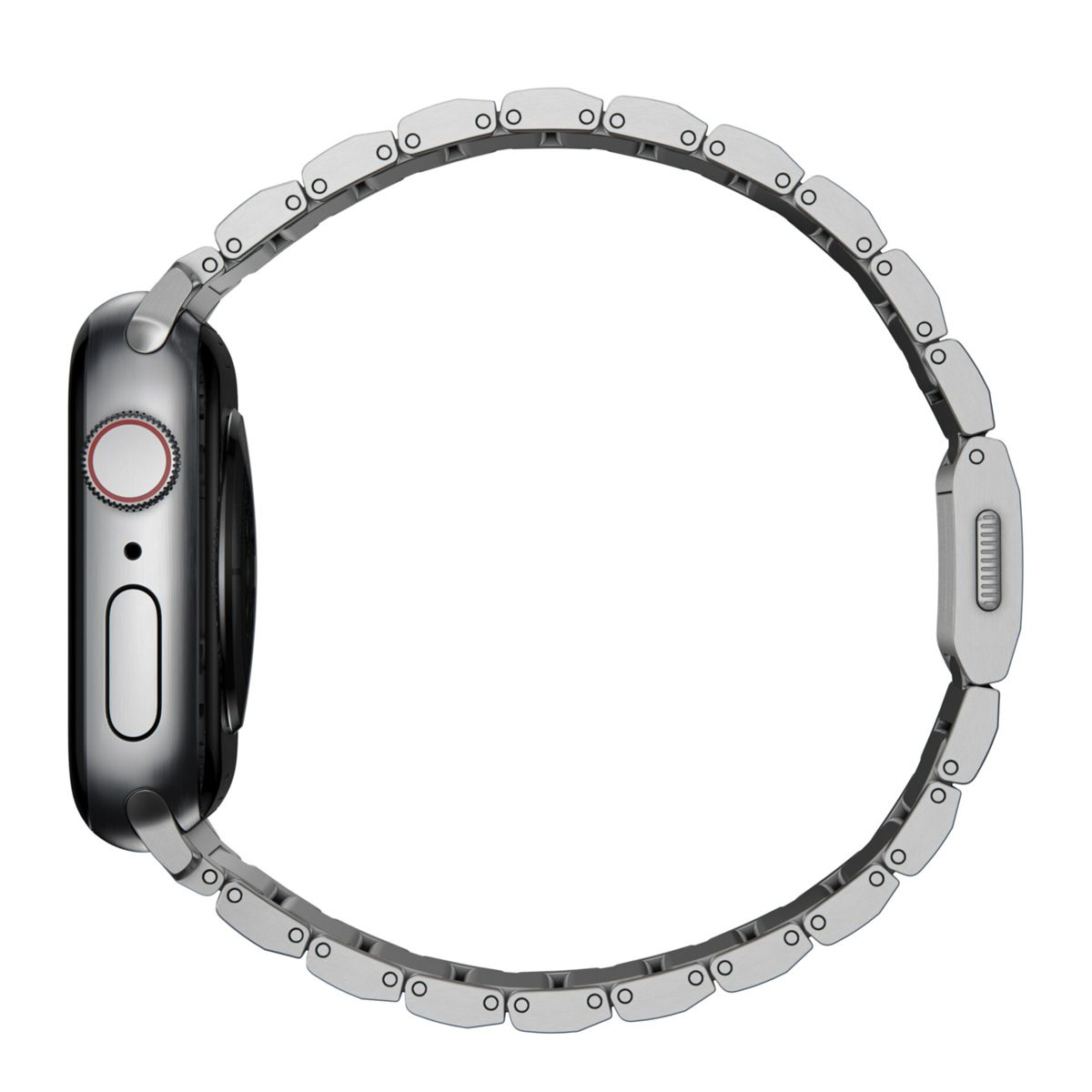 Vista laterale di uno smartwatch argentato con cinturino in metallo. Il quadrante è nero con quadrante e pulsante rossi.
