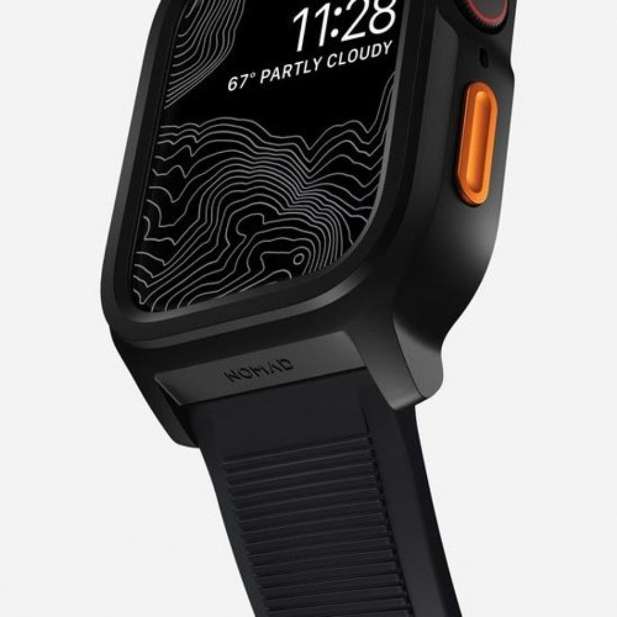 Reloj inteligente negro con pantalla de topografía que muestra las 11:28, 67° parcialmente nublado. Un botón naranja está en el lado. La correa es negra.