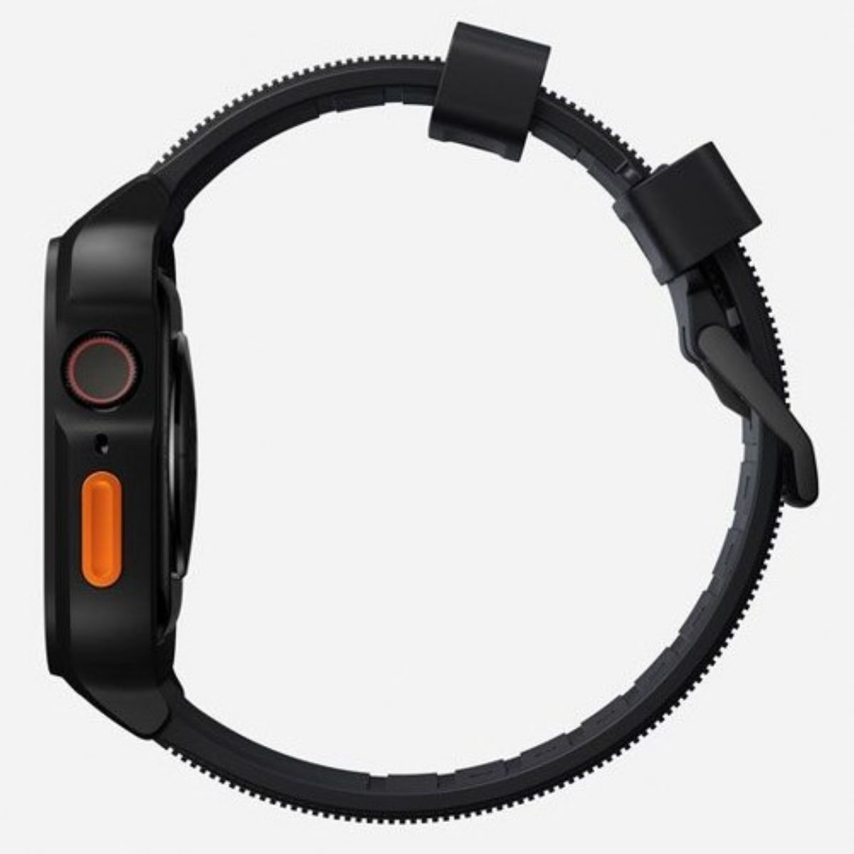 Un reloj inteligente negro con un botón naranja y un anillo rojo alrededor de un botón. La correa es negra con un cierre.