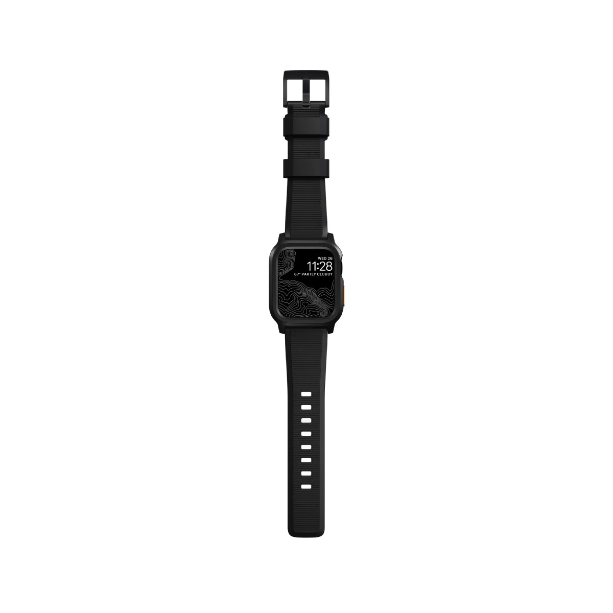 Reloj inteligente negro con pantalla de mapa, mostrando hora y clima. El reloj tiene una correa negra y está sobre fondo blanco.