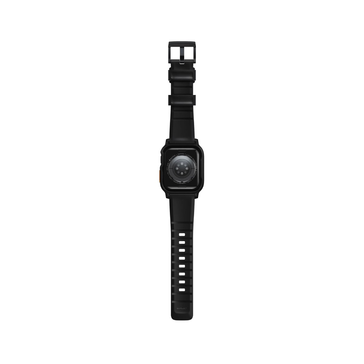 Un Apple Watch negro con una correa negra a juego centrado sobre un fondo blanco. El reloj muestra su parte trasera.