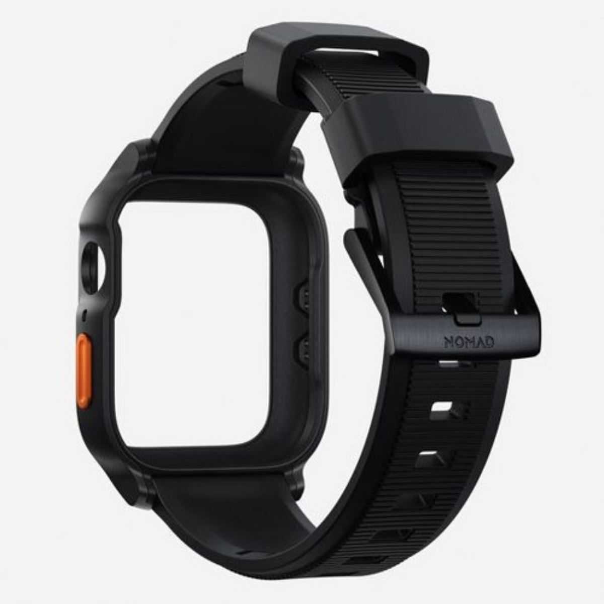 Correa de reloj negra con caja negra. Se ve un botón naranja en el lateral. La hebilla tiene la palabra 'NOMAD'.