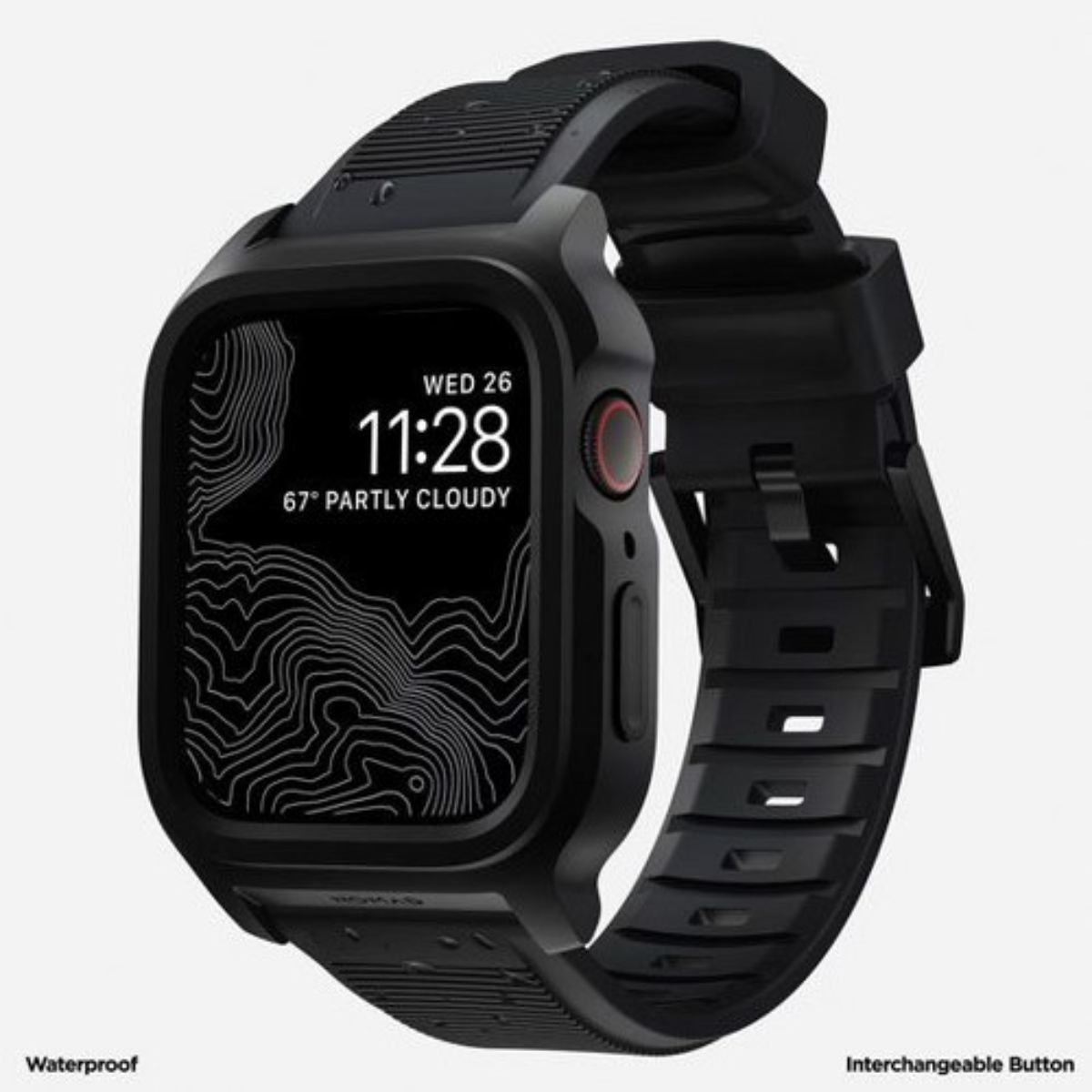 Apple Watch negra con una carcasa negra. La pantalla muestra la hora, la fecha y el clima. La correa también es negra.