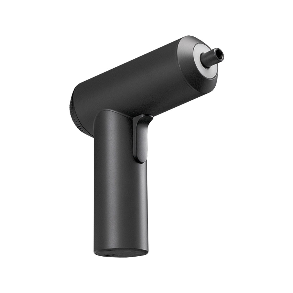Une perceuse sans fil noire est montrée sur un fond blanc. La perceuse a la forme d'un pistolet avec un corps cylindrique et une gâchette.
