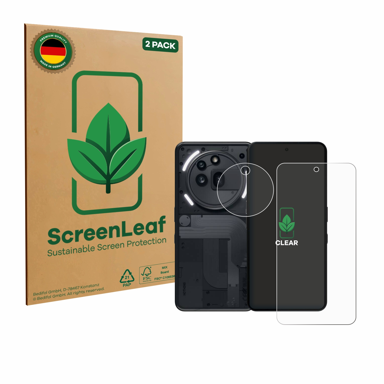 Ein Telefon, ein Displayschutz und eine ScreenLeaf-Box. Die Box hat ein Blatt-Logo und sagt 'Sustainable Screen Protection'.