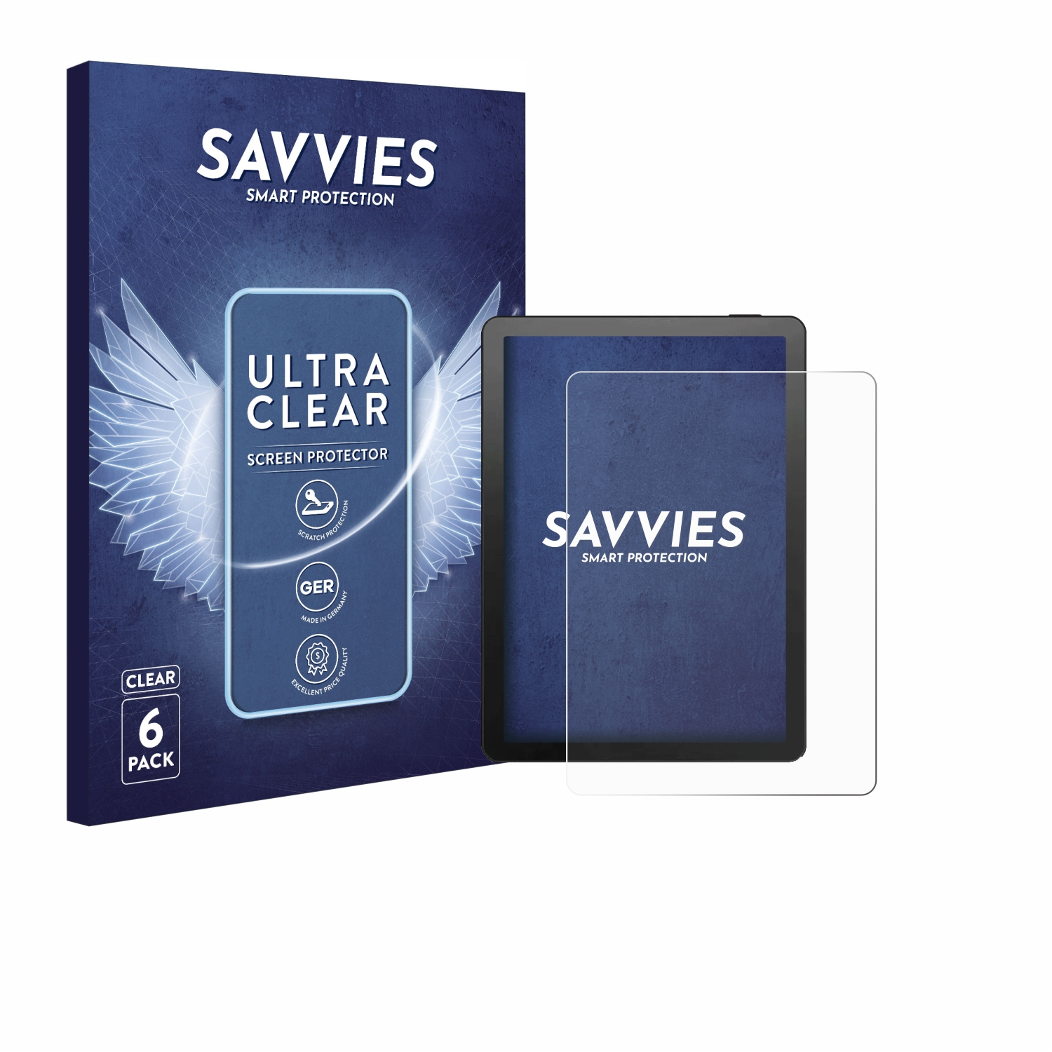 Eine Schachtel und ein Tablet mit Displayschutzfolie. Die Schachtel hat das Savvies-Logo und Ultra Clear-Text. Das Tablet steht auf weißem Grund.
