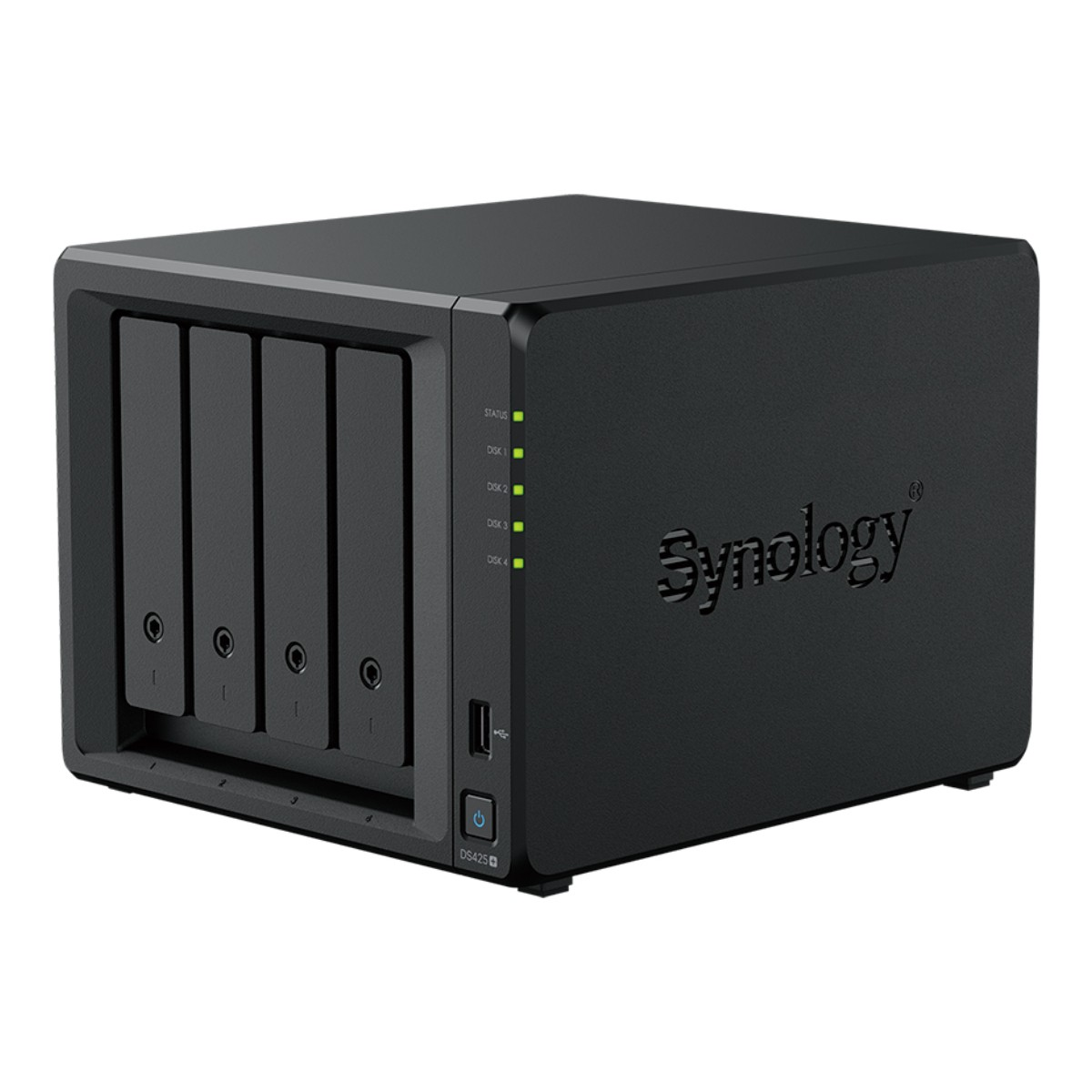 Server NAS Synology nero, modello DS423+. Ha slot per dischi, pulsante di accensione e spie di stato. Il logo Synology è sul lato.