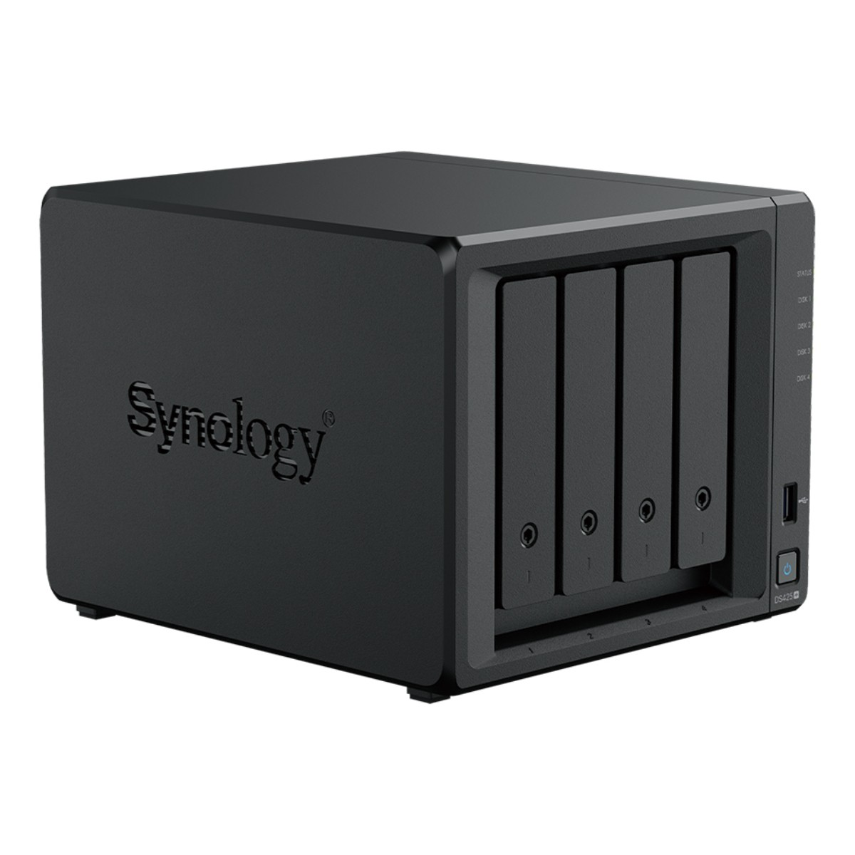 Dispositivo NAS Synology nero. Quattro vani unità visibili sul fronte. Indicatori di stato e pulsante di accensione a destra.
