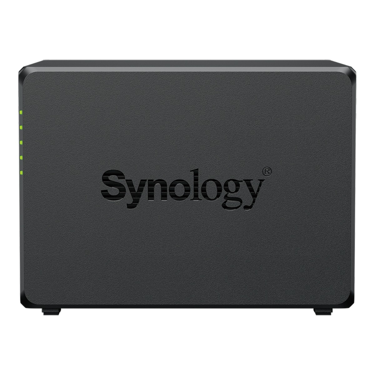 Un dispositivo NAS Synology nero. La parte anteriore presenta il logo Synology e diversi indicatori verdi. Poggia su due piedini.