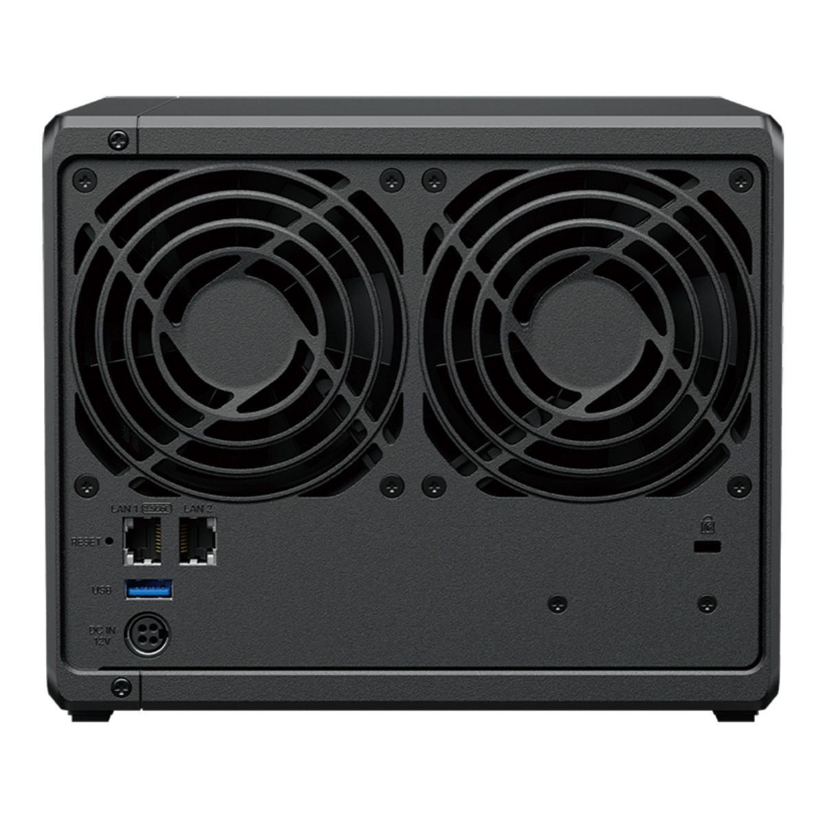 Vista posteriore del server NAS nero. Sono visibili due grandi ventole, porte Ethernet, USB e ingresso alimentazione.