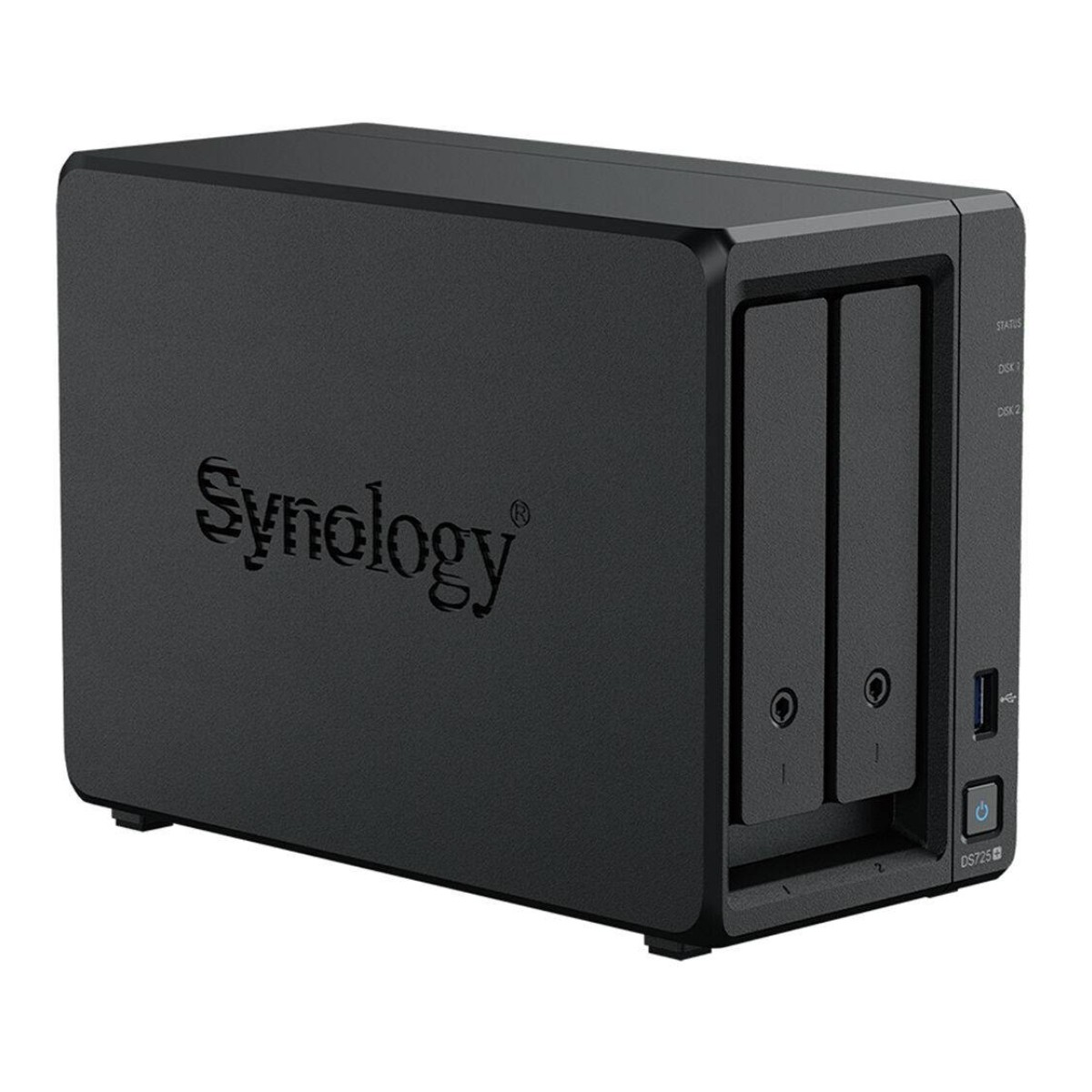 Dispositivo NAS Synology negro. Dos bahías de unidad visibles. Indicadores de estado y botón de encendido a la derecha.