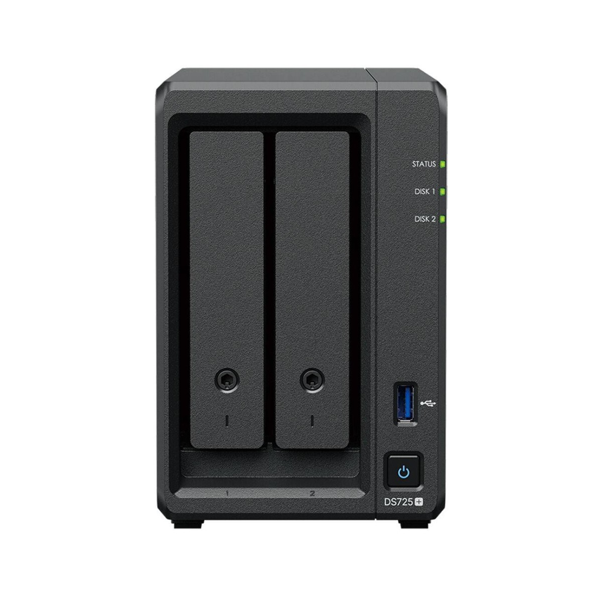 Un servidor NAS negro. Tiene dos bahías de disco, indicadores de estado, un puerto USB y un botón de encendido. El modelo es DS723+.