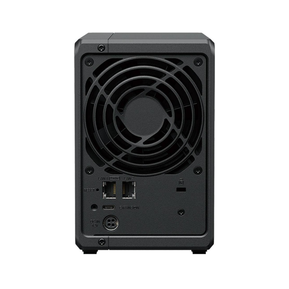 Panel trasero negro del servidor NAS. Incluye ventilador, puertos LAN, botón de reinicio, puerto de expansión y entrada de alimentación CC.