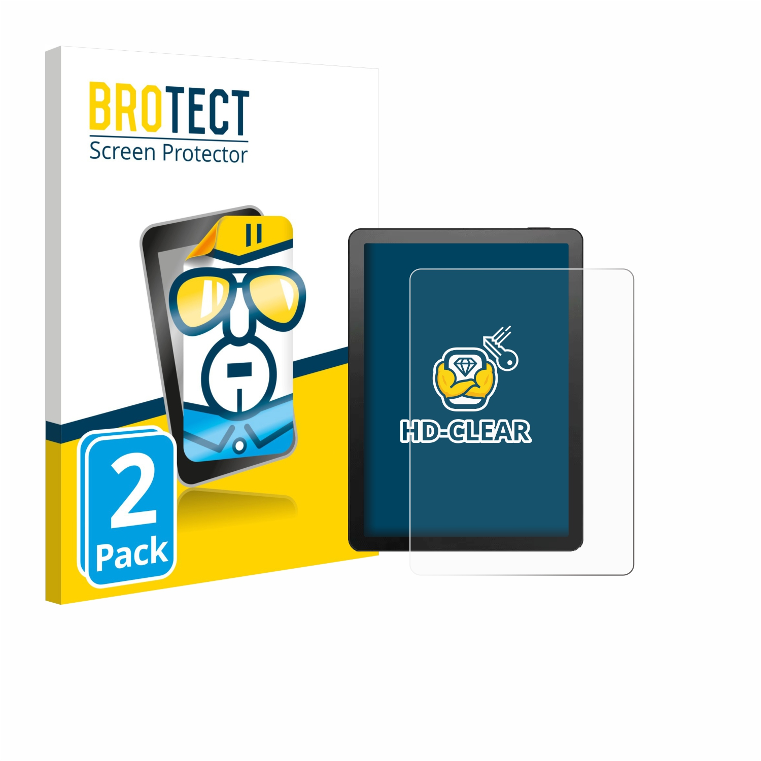 Eine Displayschutzbox mit Tablet und Schutzfolie. Text: BROTECT Screen Protector, HD-CLEAR.