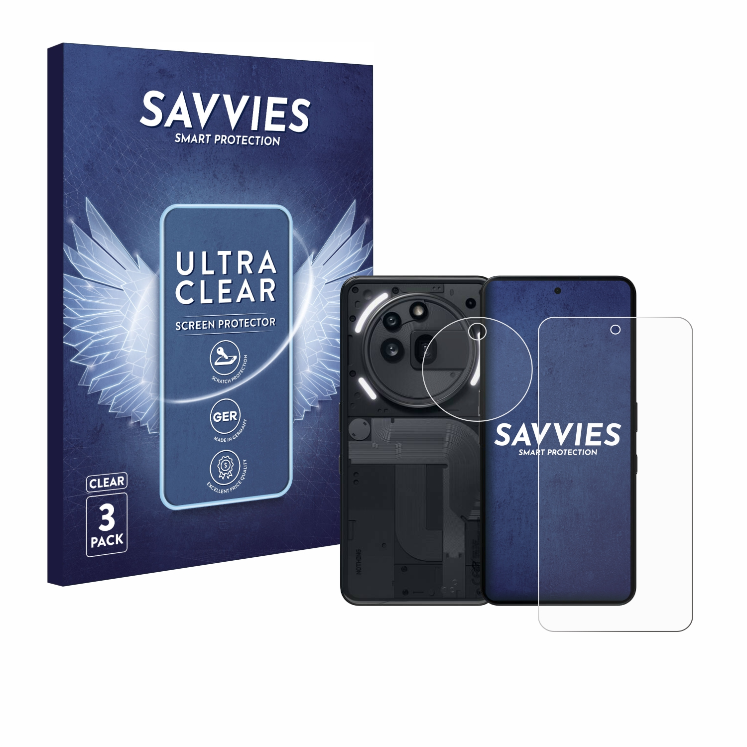 Ein Telefon mit transparentem Rücken, Displayschutzfolien und Produktverpackung mit 'SAVVIES' und 'ULTRA CLEAR' auf weißem Hintergrund.