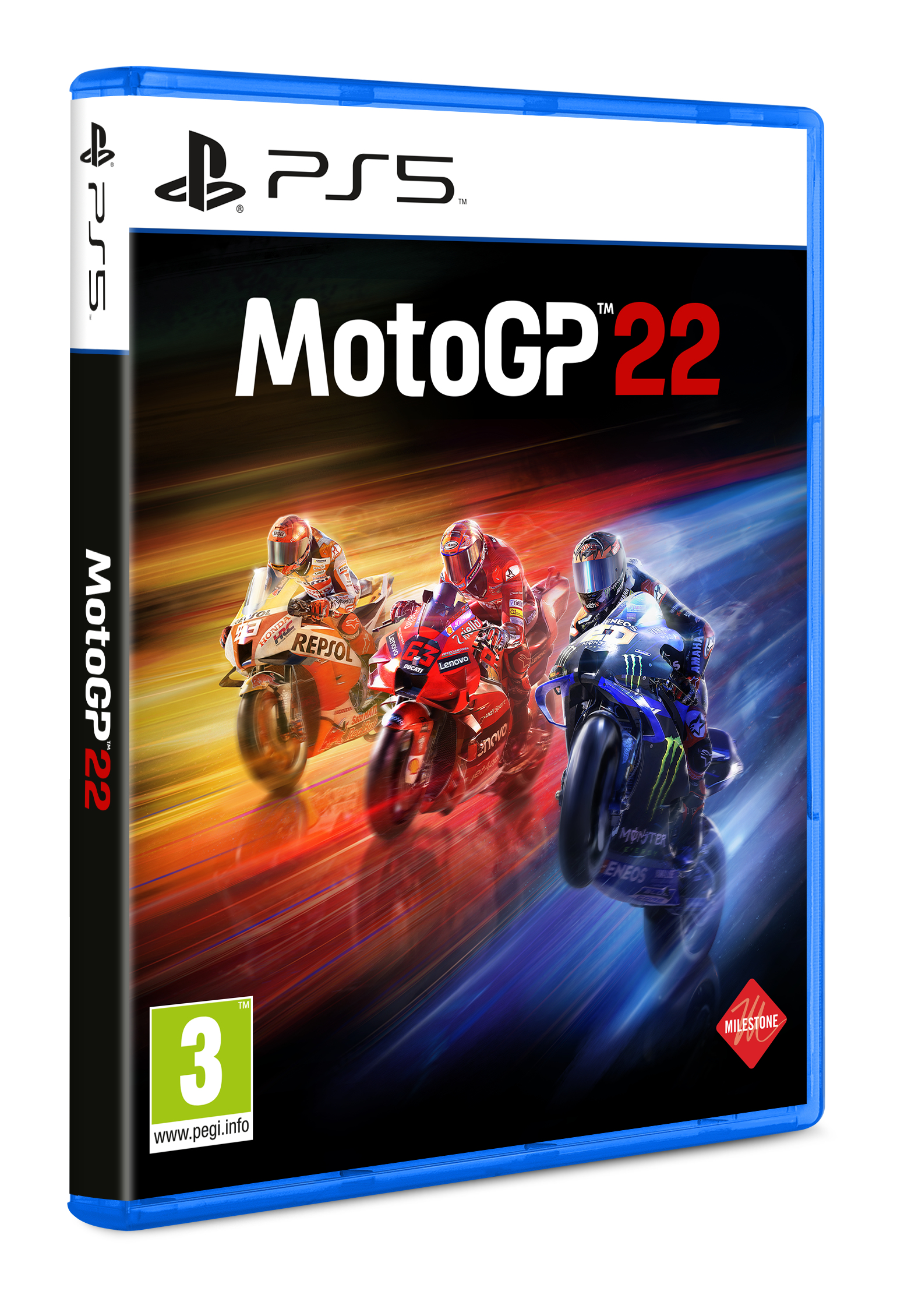Okładka gry MotoGP 22 z trzema motocyklami w wyścigu. Okładka zawiera logo PS5 i ocenę PEGI 3.