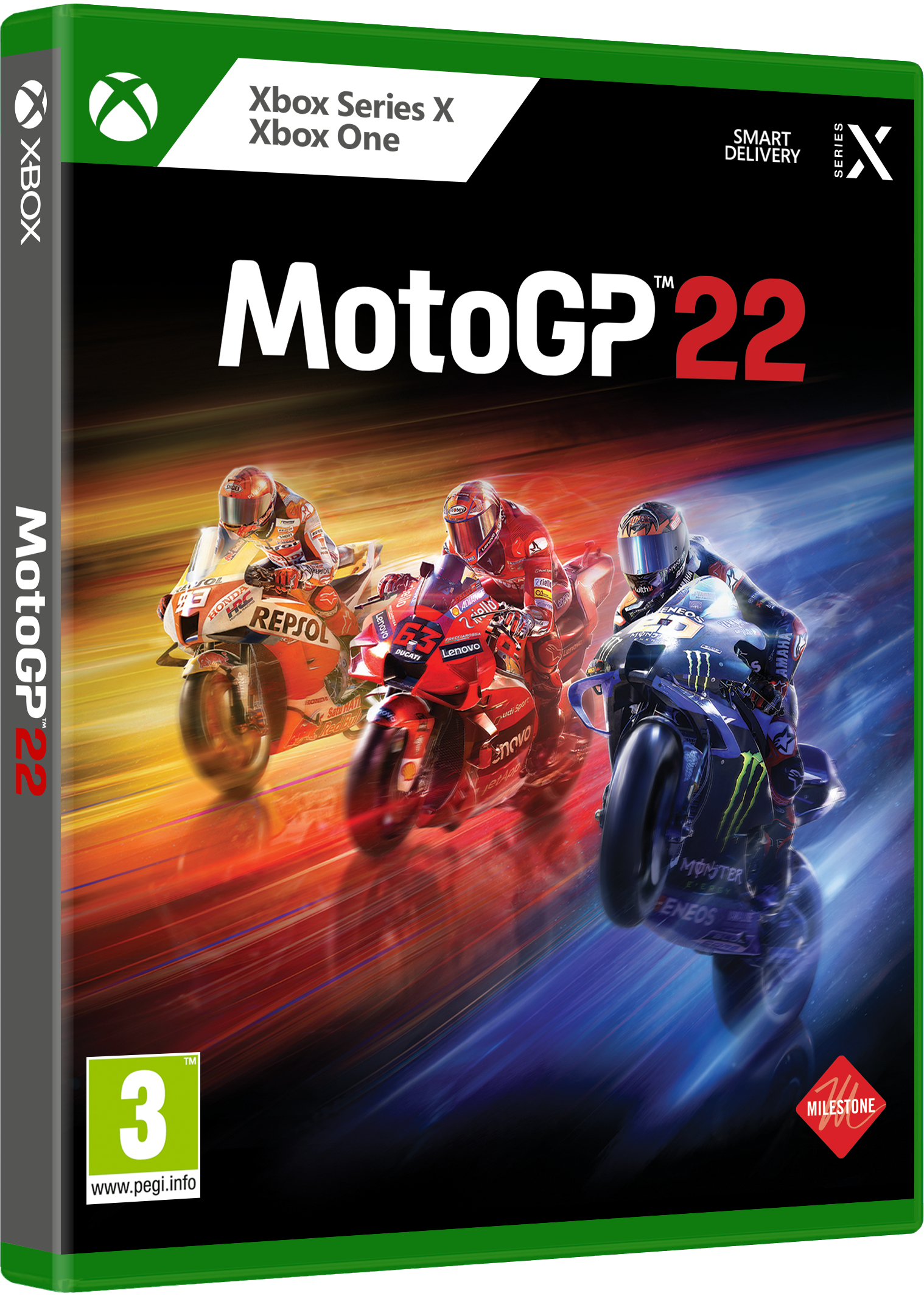 Copertina del gioco MotoGP 22. Tre moto da corsa, piloti con caschi. Xbox Series X/Xbox One. Bordo verde.