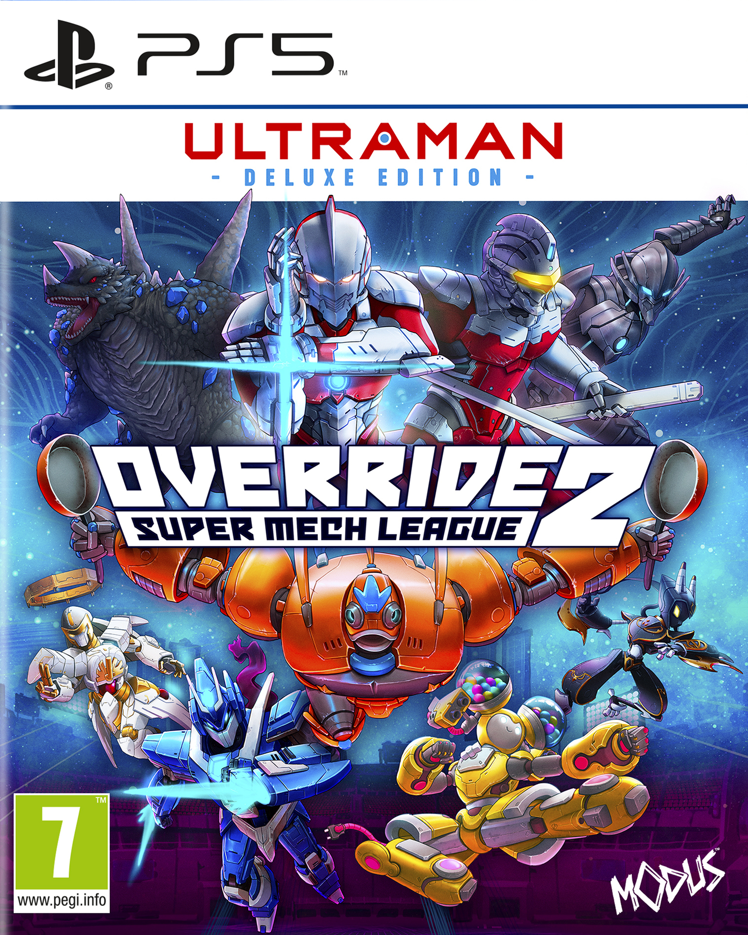 Okładka gry 'Ultraman: Deluxe Edition' i 'Override 2: Super Mech League'. Przedstawia roboty i potwory w pozach akcji, niebieskie tło.