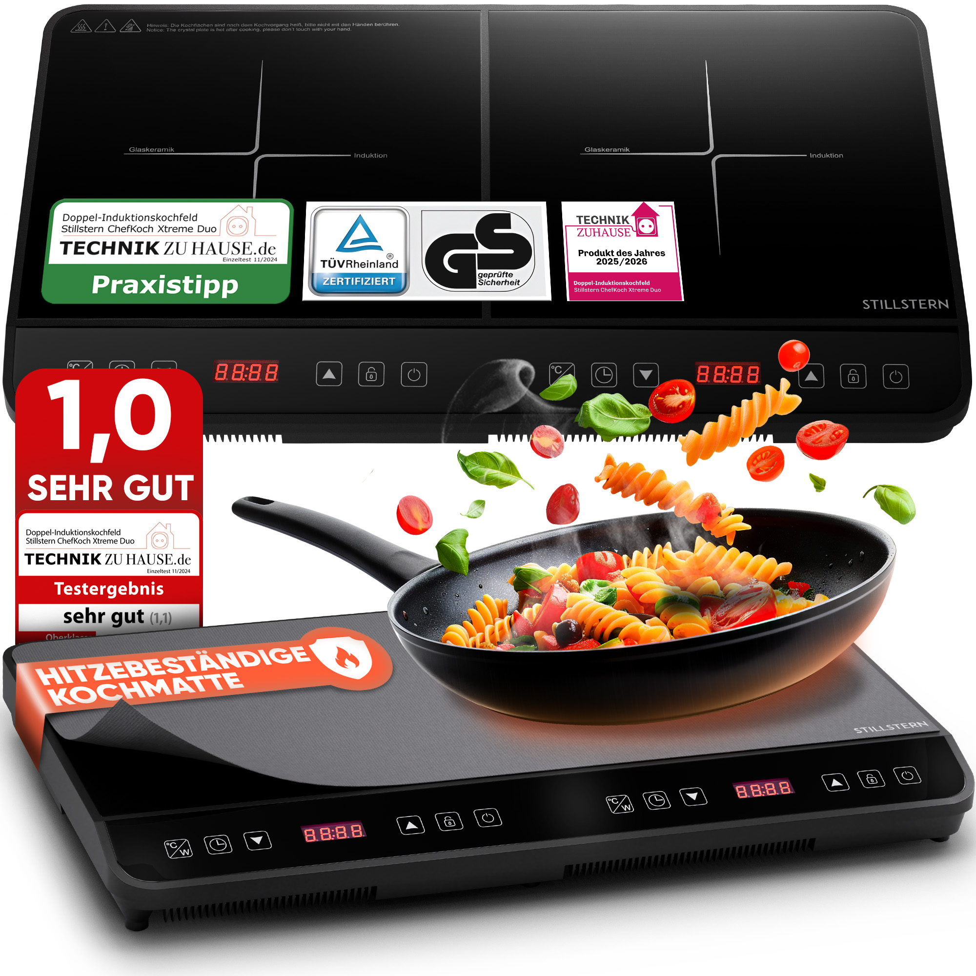 Ein Induktionskochfeld mit Pasta, Tomaten und Basilikum in einer Pfanne. Das Kochfeld hat Digitalanzeigen und Produktzertifizierungen.
