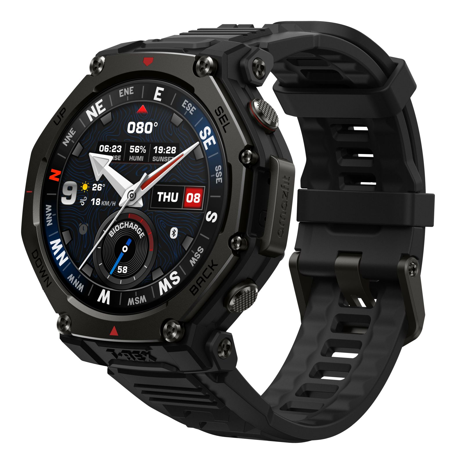 Czarny smartwatch z cyfrowym wyświetlaczem. Pokazuje czas, datę i inne wskaźniki. Ma czarny pasek i solidną konstrukcję.