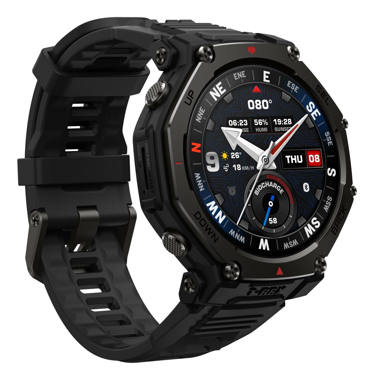 Czarny smartwatch z cyfrowym wyświetlaczem pokazującym czas, kompas i dane zdrowotne. Pasek jest również czarny.