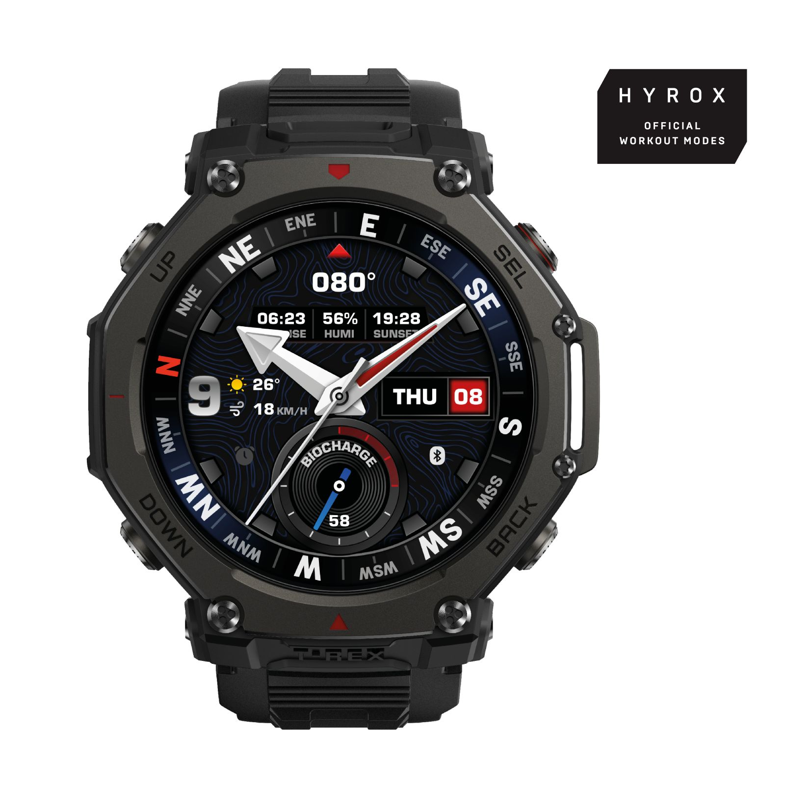 Czarny smartwatch z cyfrowym wyświetlaczem, pokazujący dane takie jak czas, pogoda i kierunek. Zegarek ma logo HYROX.