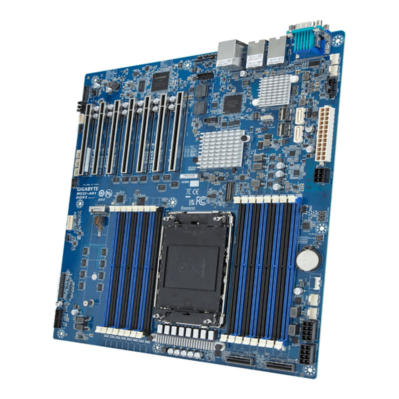 Una scheda madre Gigabyte blu con molti componenti. Ha slot, porte e un socket CPU nero.