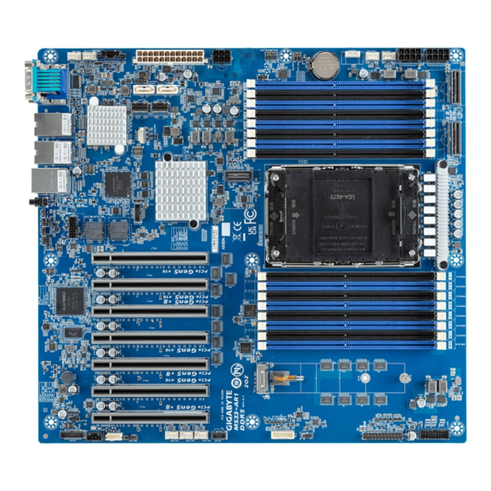 Una scheda madre Gigabyte blu con vari componenti come slot RAM, slot PCI, chip e connettori, per l'assemblaggio di computer.