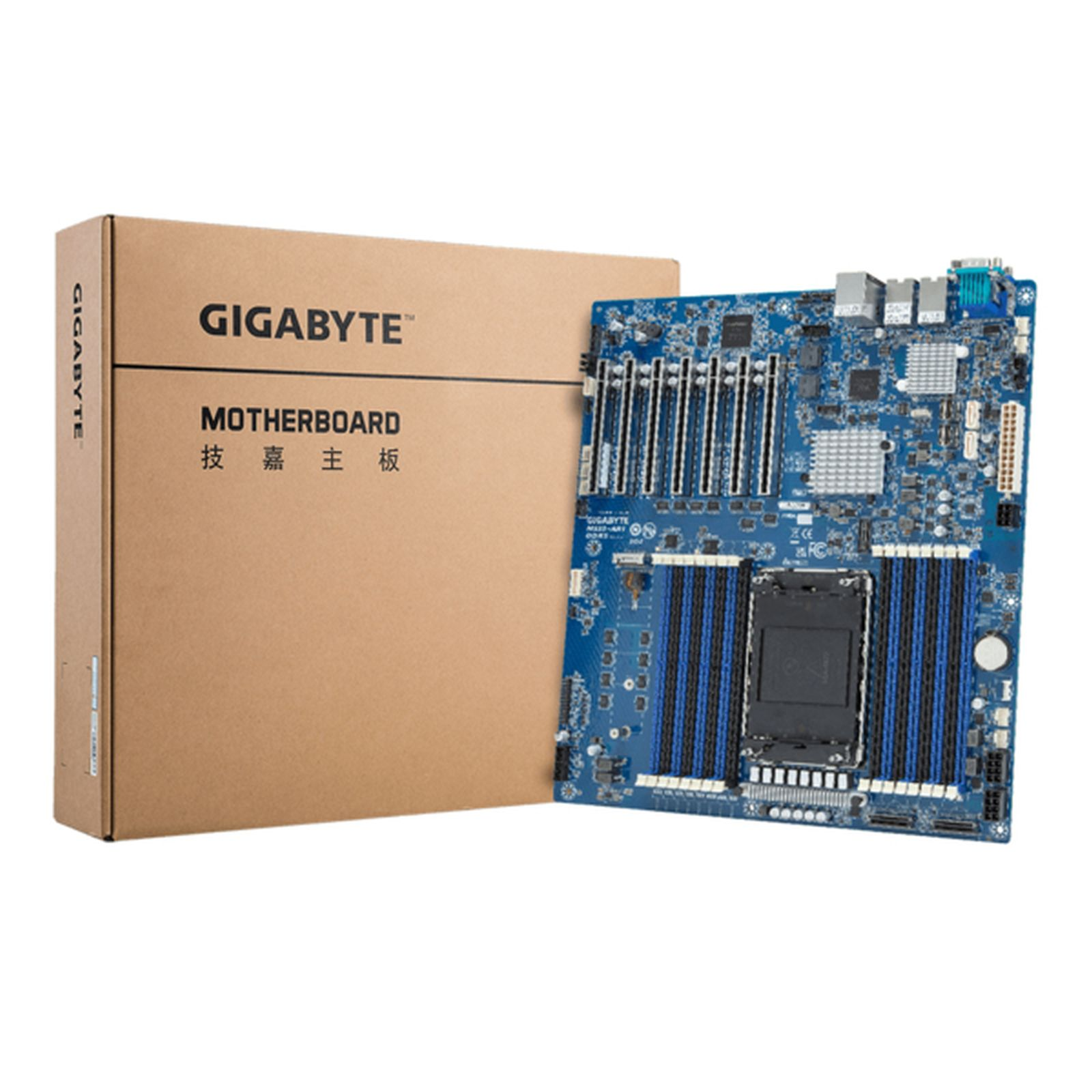 Una scheda madre Gigabyte blu è esposta accanto alla sua scatola di cartone marrone, con l'etichetta 'MOTHERBOARD' e 'GIGABYTE'.