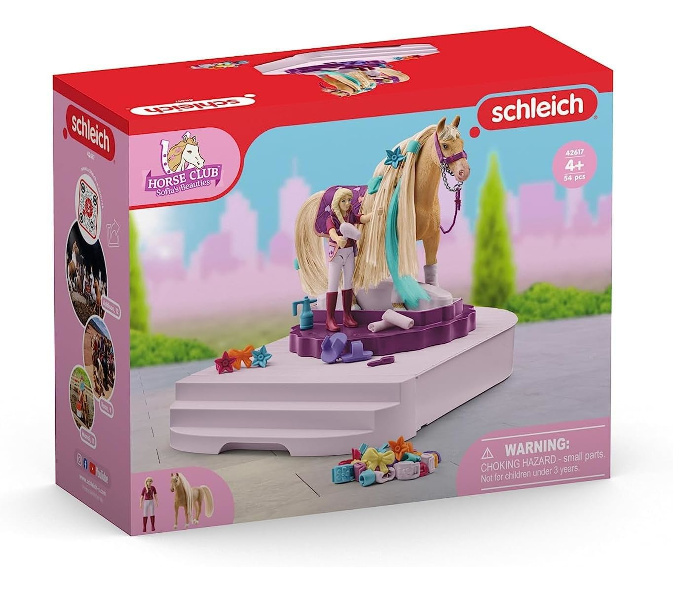A Schleich Horse Club box set. It features a girl, a horse, and grooming accessories on a platform. Pink and purple tones dominate.