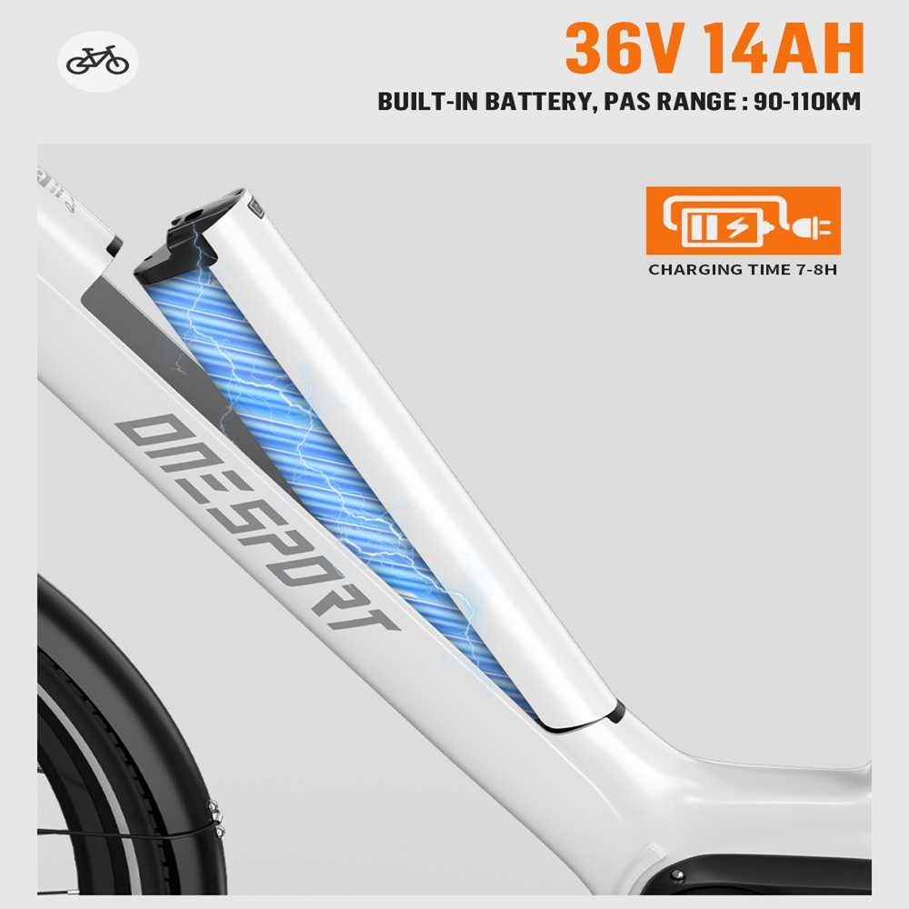 Cuadro blanco de bicicleta eléctrica. Compartimento de batería abierto con gráfico de rayos azules. Texto: 36V 14AH, batería integrada. Tiempo de carga 7-8H.