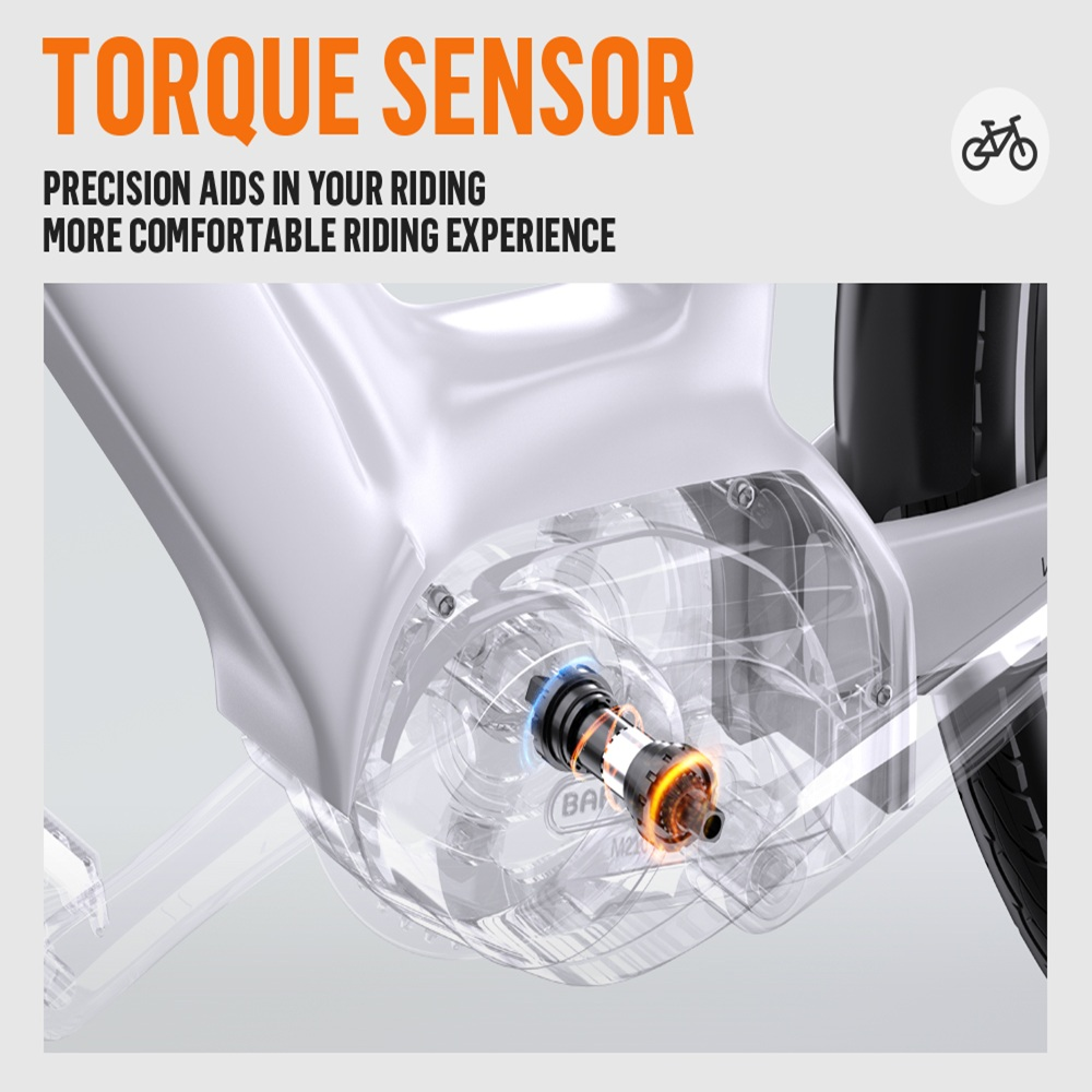 Primer plano de un sensor de par en una bicicleta. El sensor se destaca con luces naranjas y azules. El cuadro de la bicicleta es blanco.