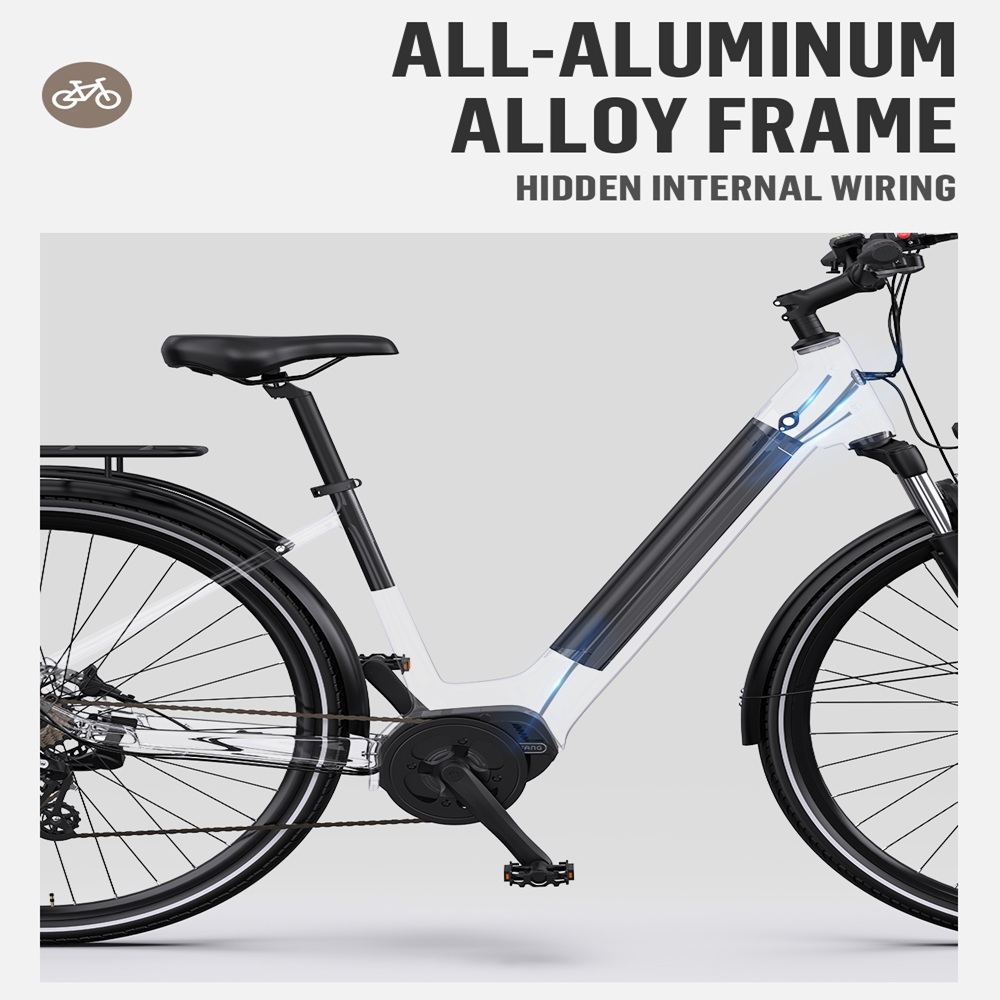 Una bicicleta blanca y negra con cuadro de aleación de aluminio. Tiene asiento, neumáticos y cableado interno oculto negros.
