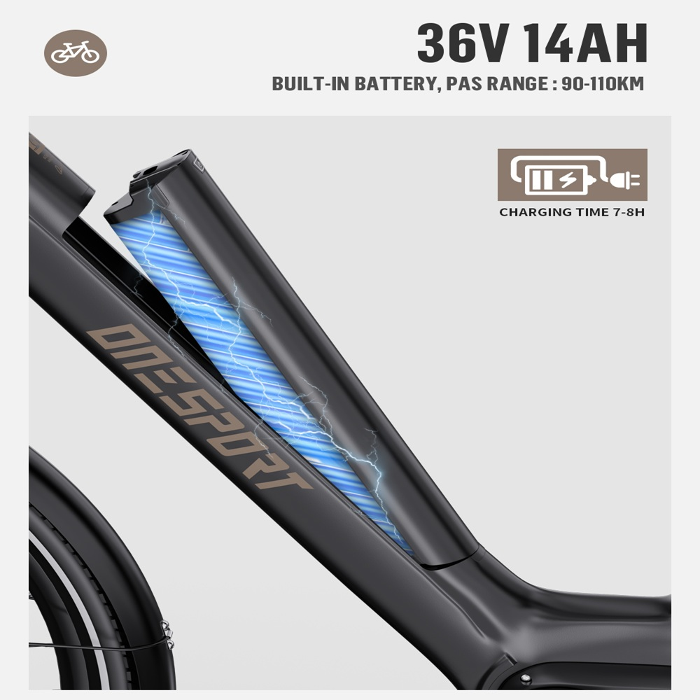 Cuadro de e-bike negro con batería visible y efecto de corriente azul. El texto dice: 36V 14AH, batería integrada, tiempo de carga 7-8H.