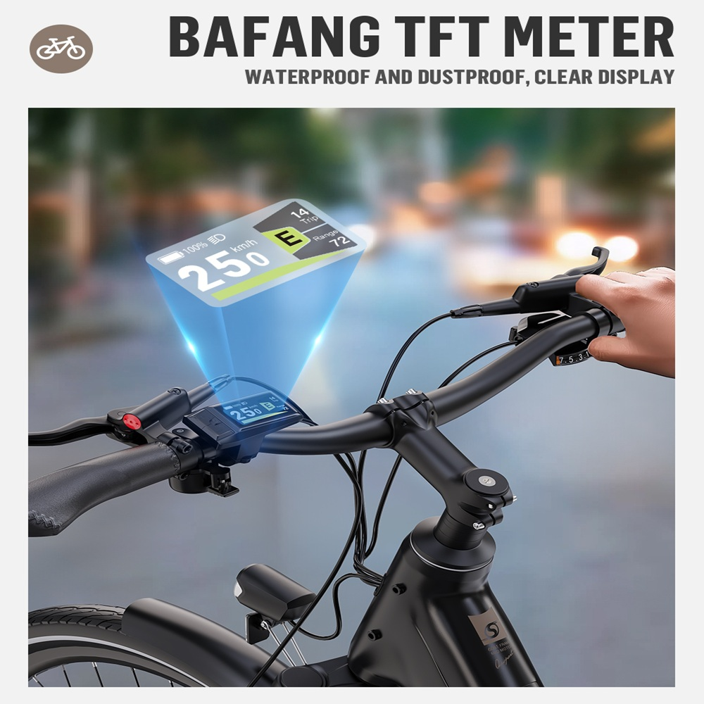 Primer plano del manillar de una bicicleta con una pantalla digital que muestra la velocidad y la duración de la batería. El fondo está borroso.