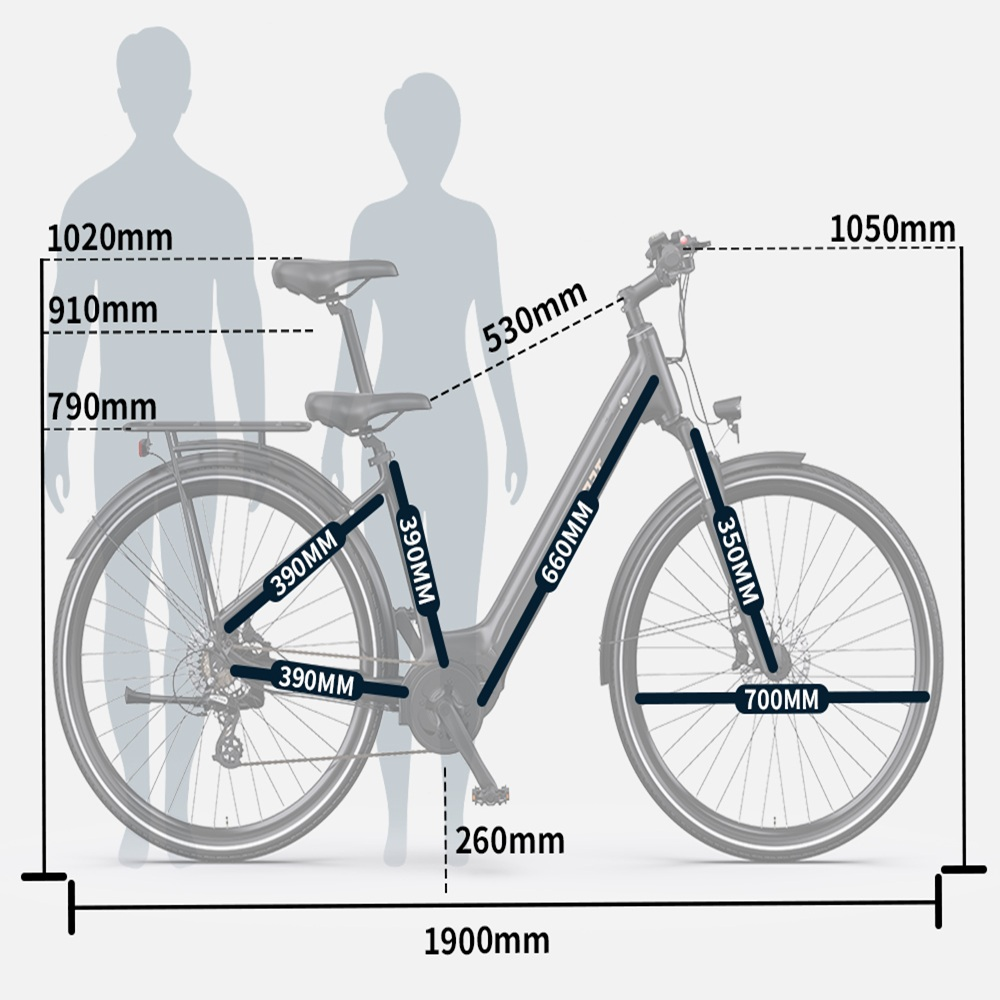 Una bicicleta con etiquetas de dimensiones. Siluetas de un hombre y una mujer detrás. Las medidas están en mm.