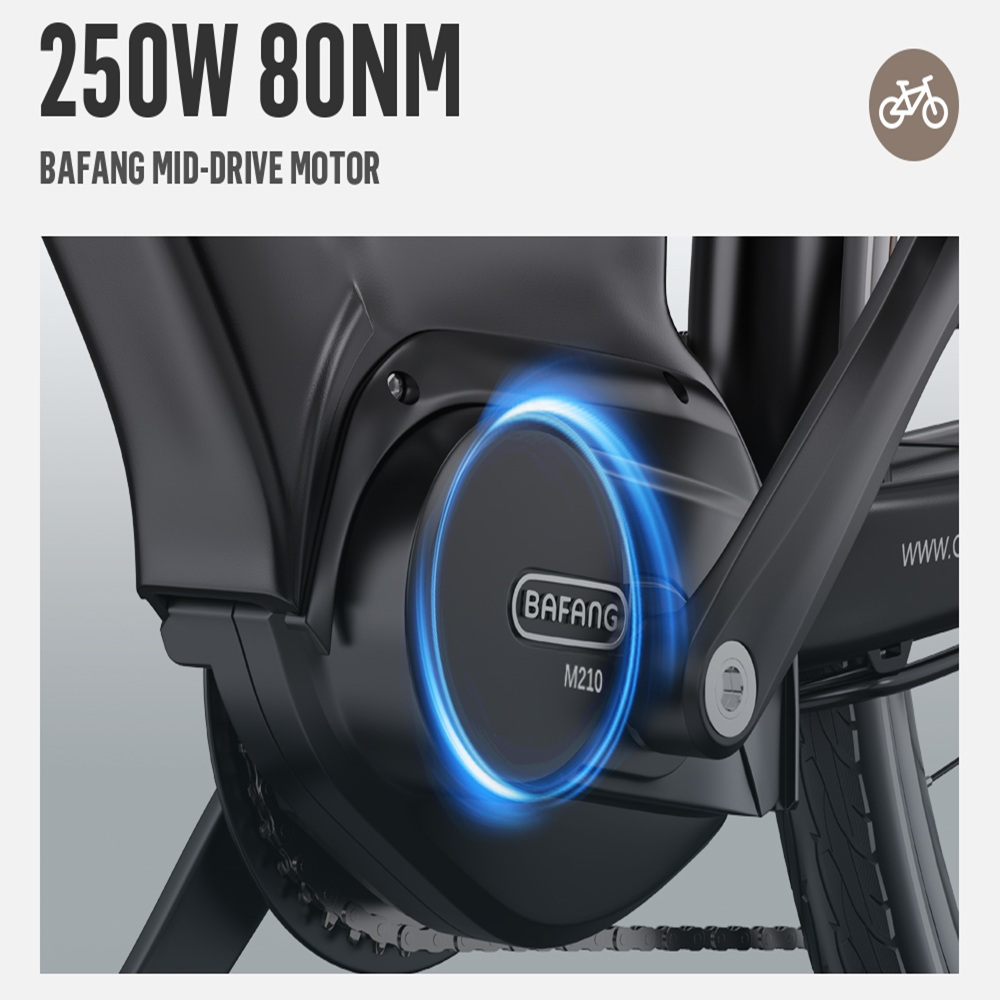 Primer plano de un motor de bicicleta eléctrica negro con el logotipo de Bafang. El motor tiene un brillo azul similar al neón. El texto dice 250W 80NM.