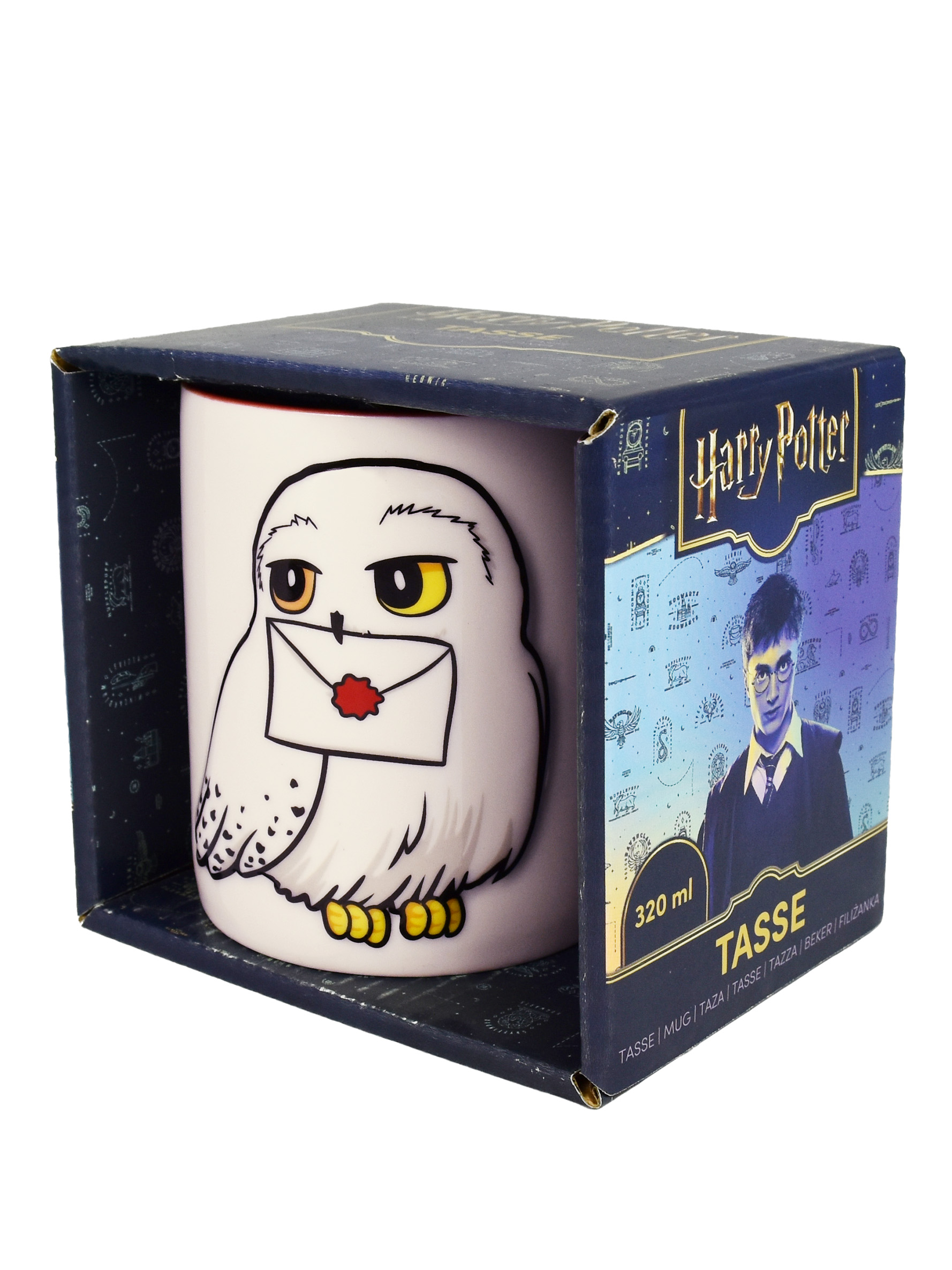 Eine Harry Potter-Tasse mit Hedwig, die einen Brief hält, in einer Schachtel mit Harry Potter-Branding.
