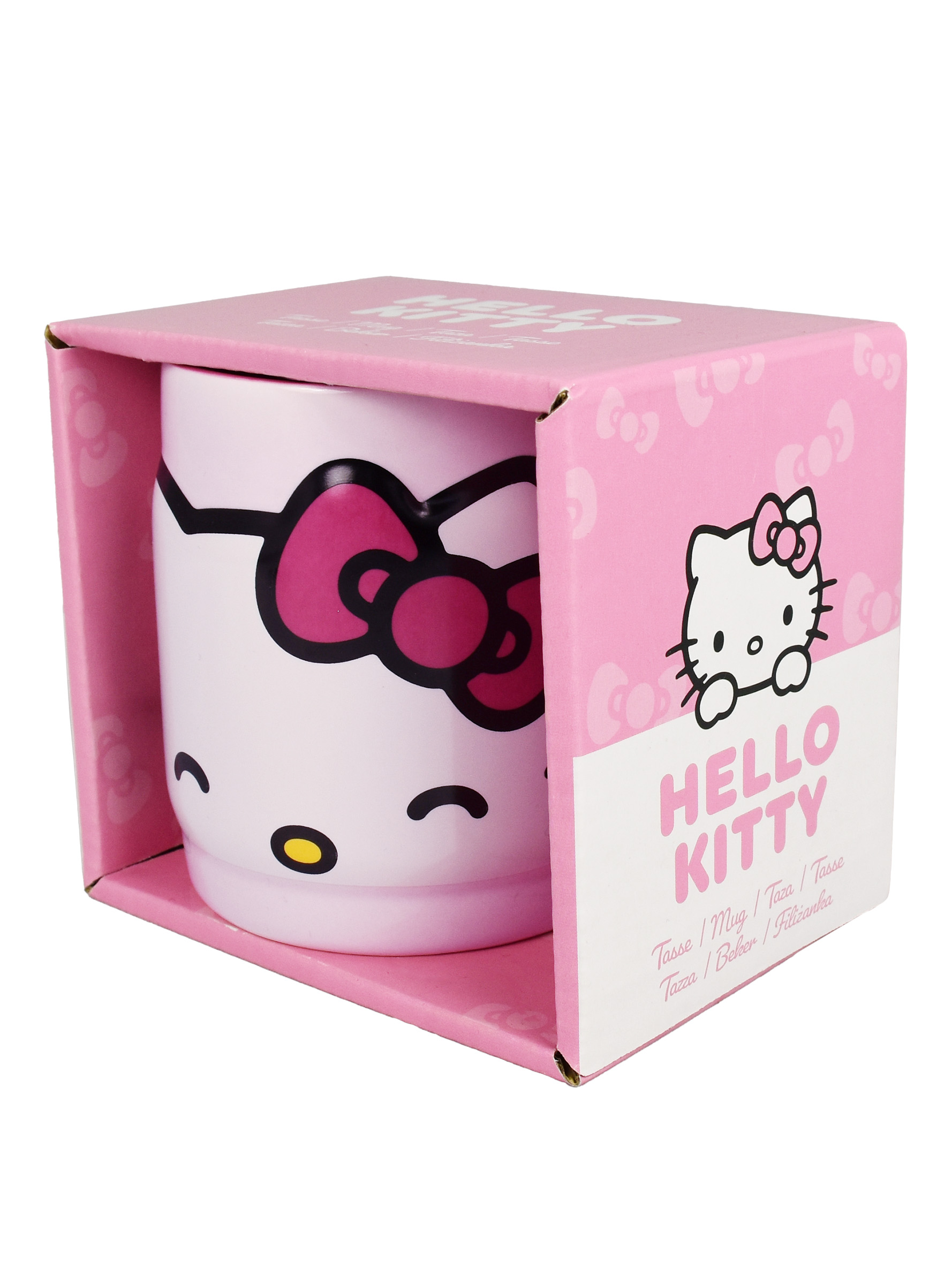 Eine Hello Kitty Tasse in einer rosa Schachtel. Die Tasse hat ein Hello Kitty Gesicht. Die Schachtel ist auch rosa mit Hello Kitty Bildern.