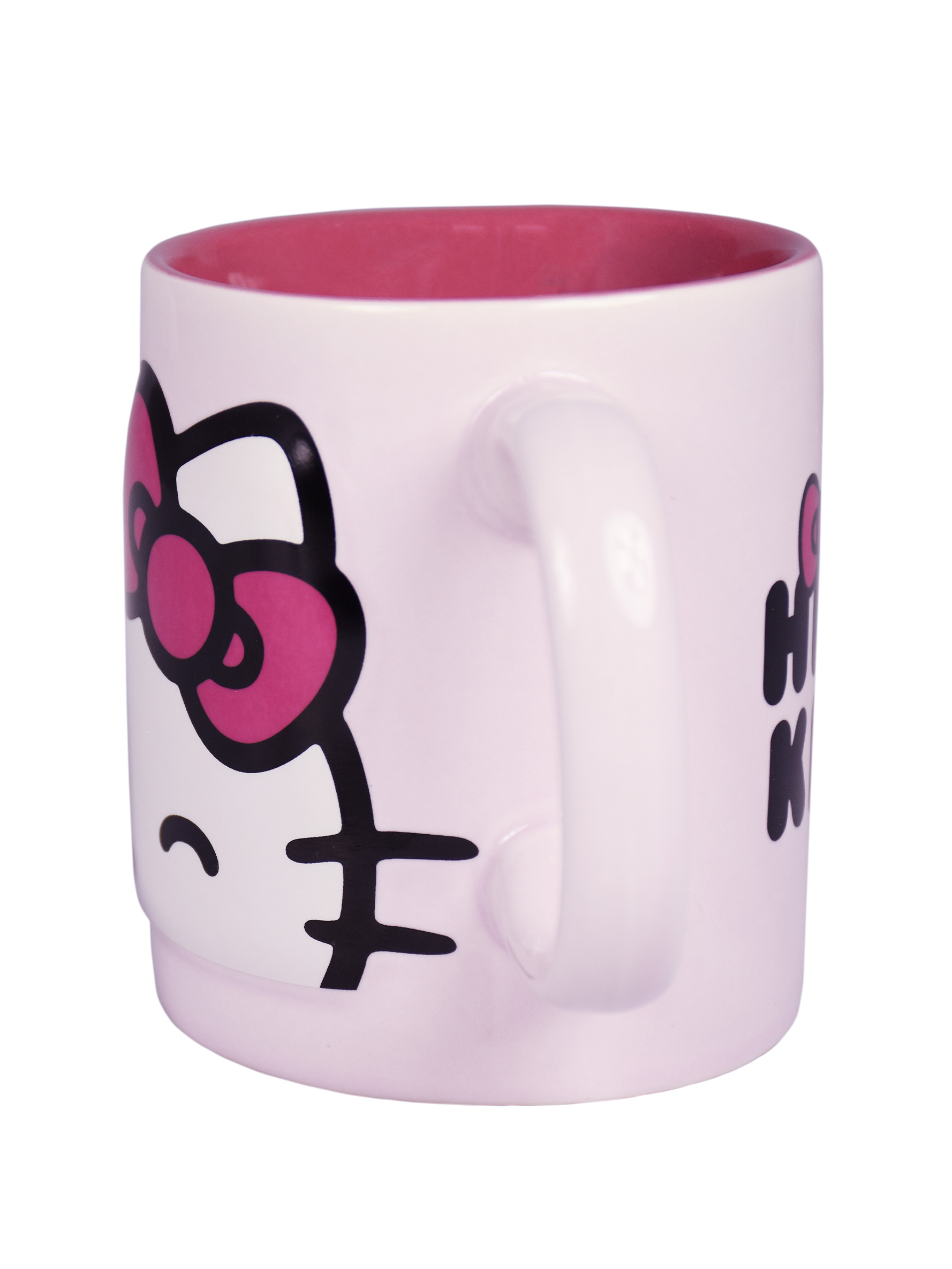Ein Hello Kitty-Becher. Er ist hellrosa mit rosa Innenraum. Der Griff ist weiß, und das Design ist schwarz.