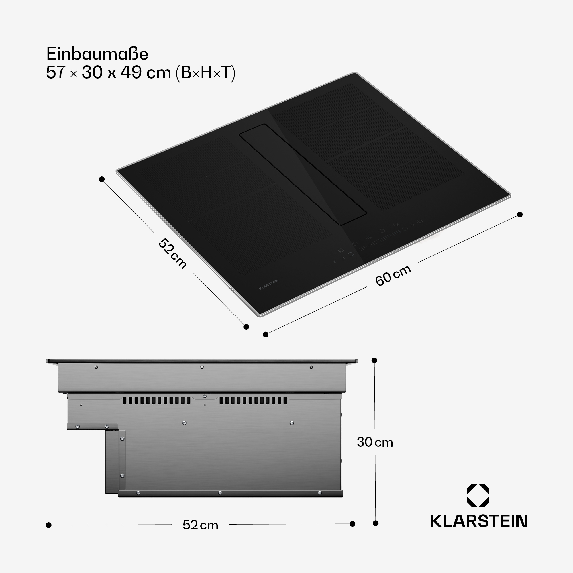Ein schwarzes Induktionskochfeld mit eingebautem Dunstabzug. Abmessungen und Markendetails sind mit Etiketten versehen.