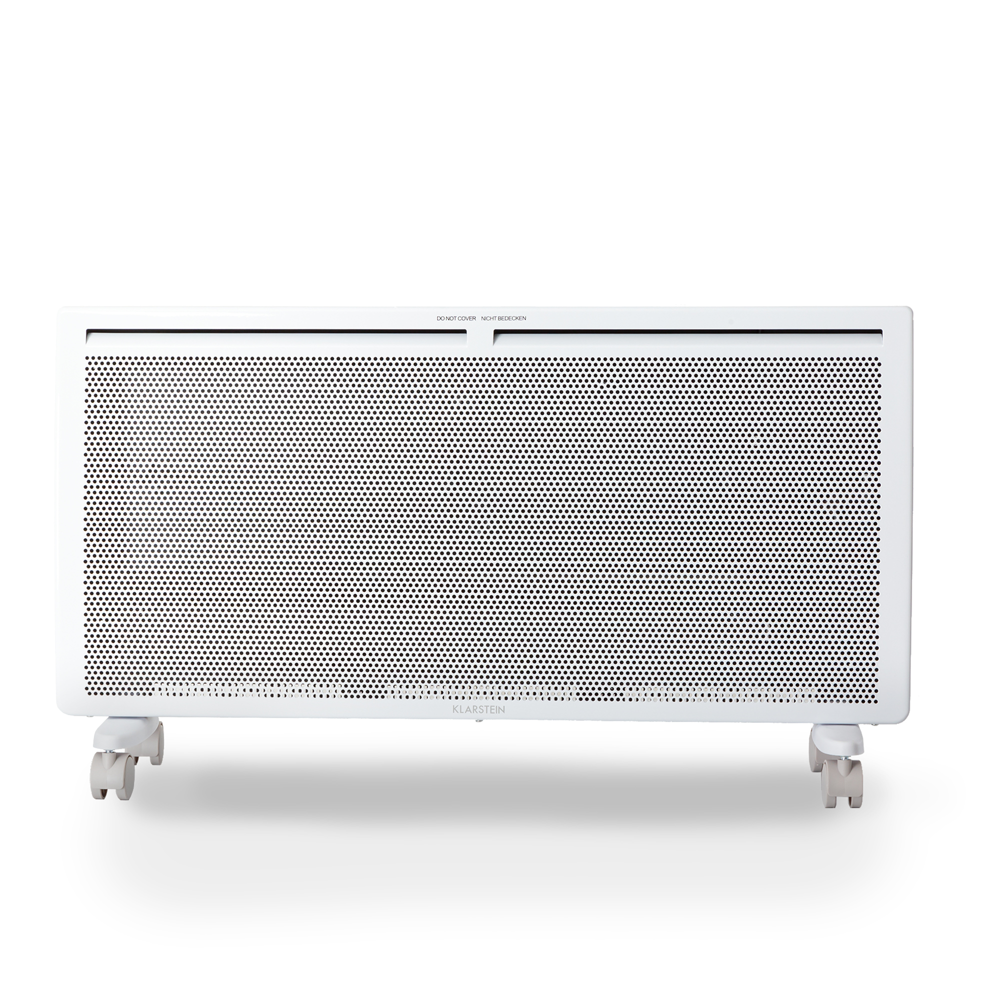 Ein weißer Elektroheizer mit perforierter Front. Er hat Räder und ein Etikett mit der Aufschrift 'Klarstein'.