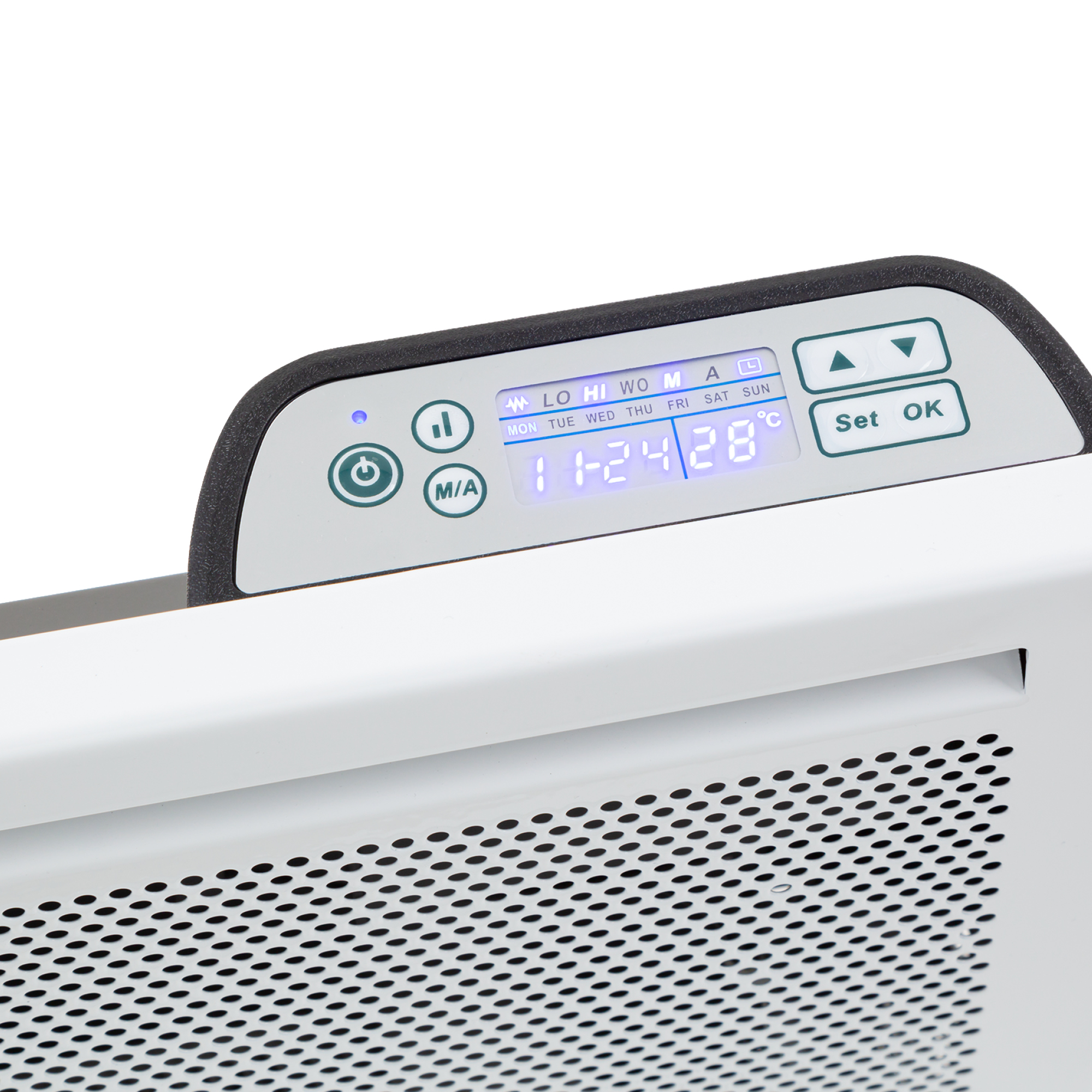 Ein weißes Gerät mit Digitalanzeige für Uhrzeit und Temperatur. Es hat Tasten für Einstellungen und Bedienung.