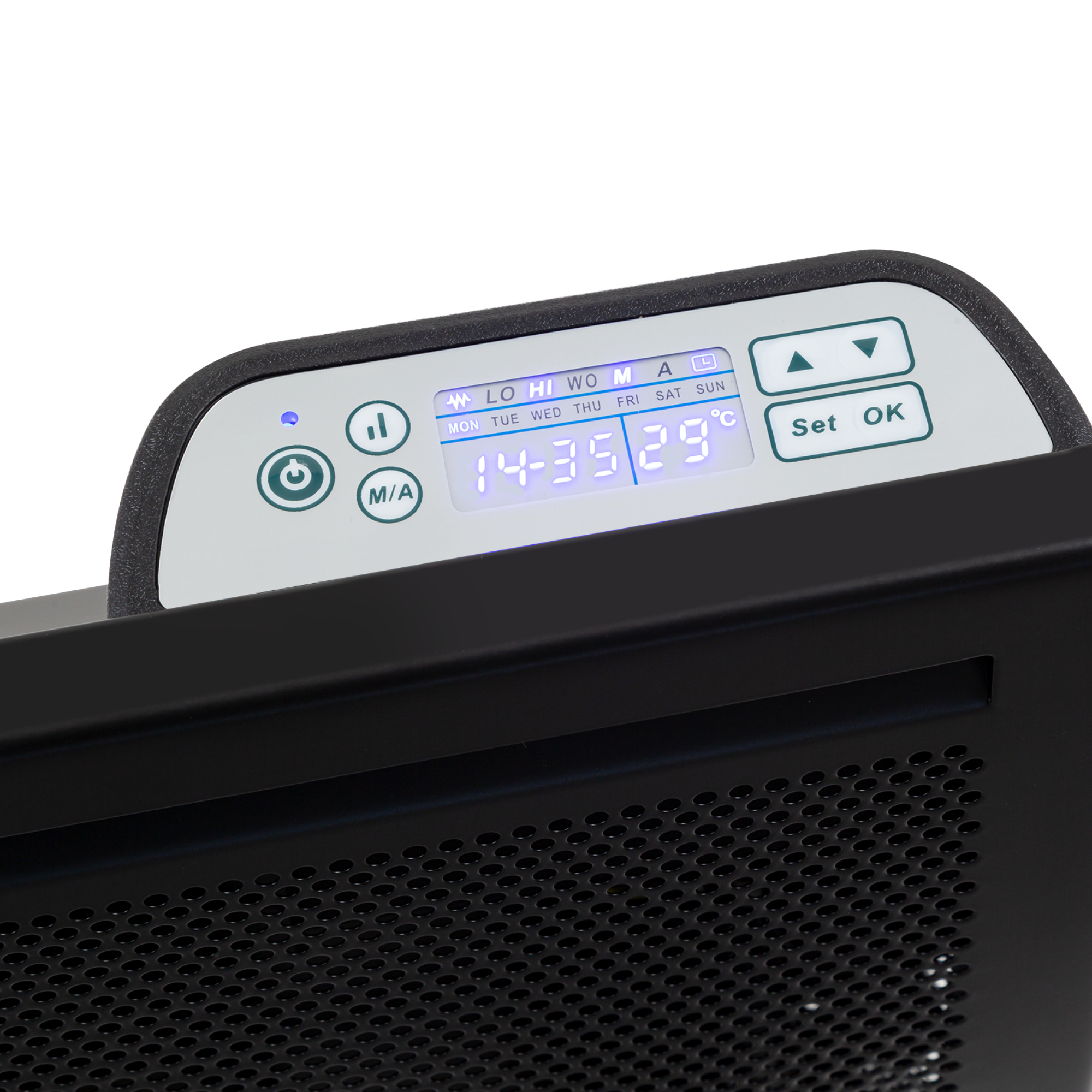 Primer plano de un electrodoméstico negro con pantalla digital que muestra la hora y la temperatura, con botones de control.