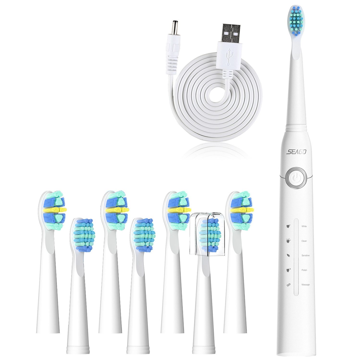Een witte elektrische tandenborstel met meerdere borstelkoppen en een USB-oplaadkabel. Verschillende reinigingsmodi staan op de handgreep.