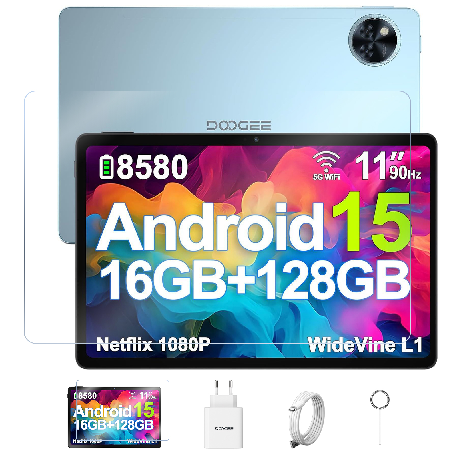 Ein Tablet mit Displayschutz, Android 15, 16GB+128GB und Kamera. Zubehör: Ladegerät und Werkzeug.