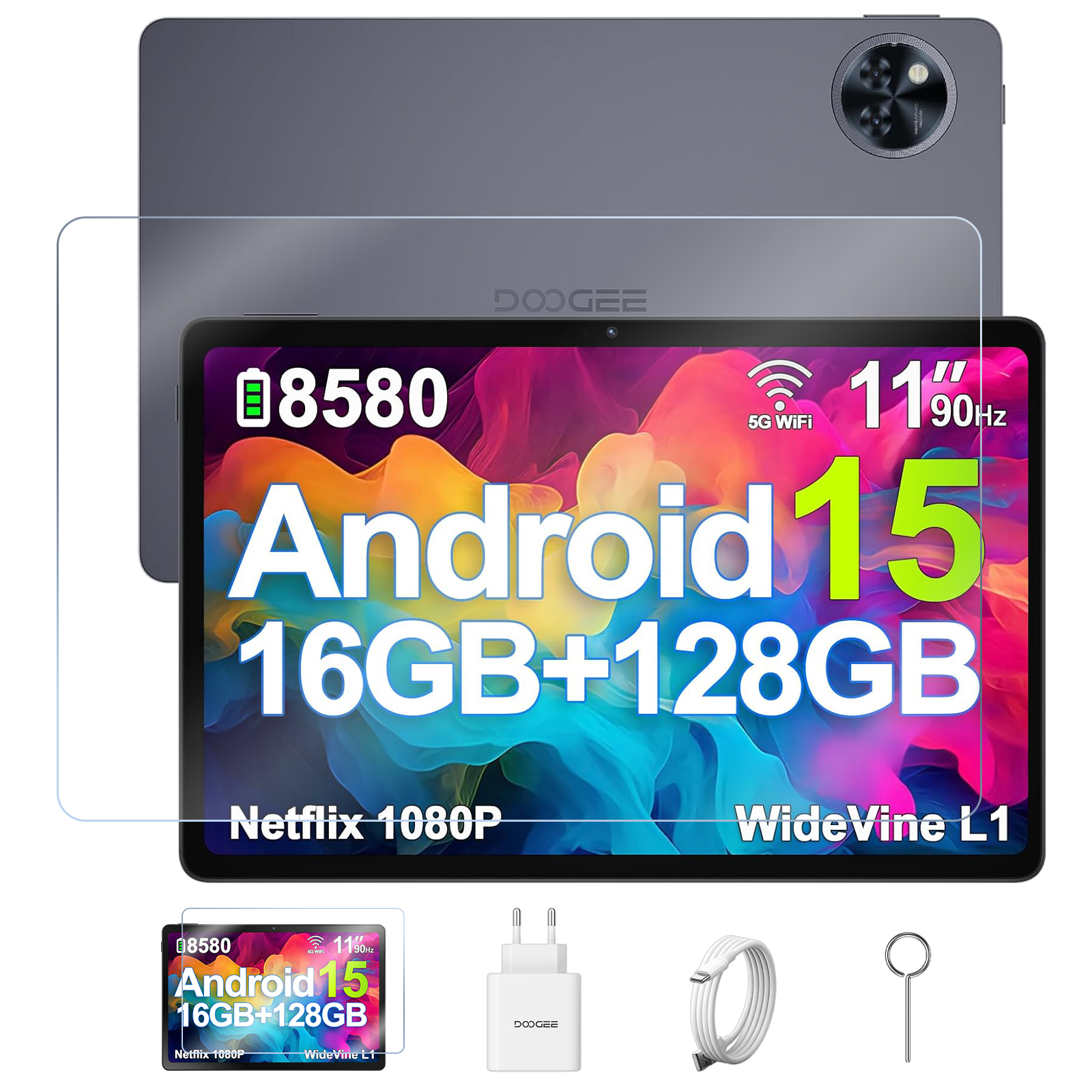 Ein Tablet mit Displayschutz. Anzeige zeigt Android 15, 16GB+128GB, Netflix 1080P. Zubehör: Ladegerät, Kabel und SIM-Tool.