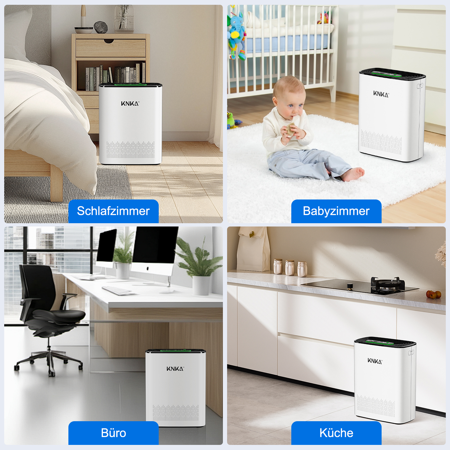 Vier Bilder zeigen einen Luftreiniger in verschiedenen Räumen: Schlafzimmer, Kinderzimmer, Büro und Küche. Jeder Raum hat den Reiniger.