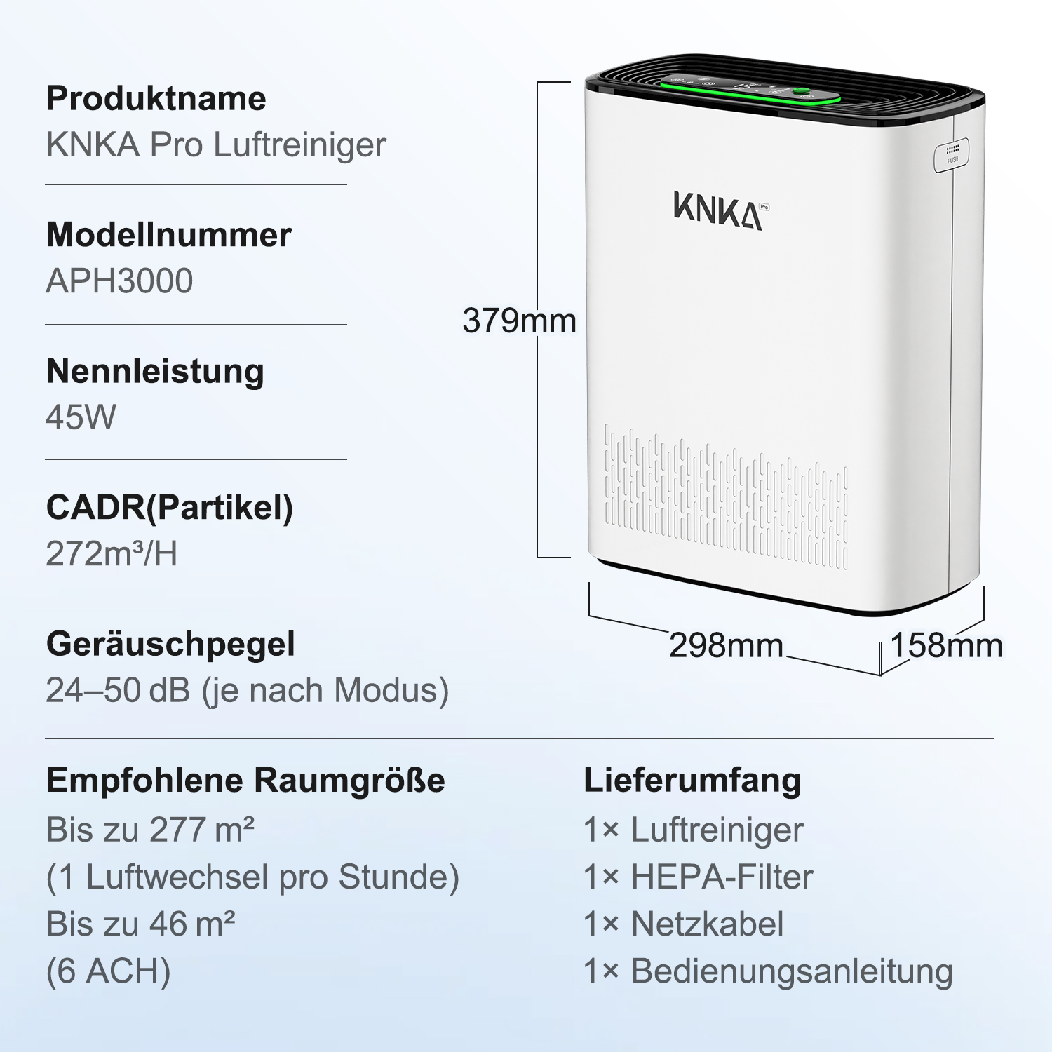 Weißer KNKA Pro Luftreiniger mit Abmessungen. Textdetails Produktname, Modell, Leistung, CADR, Geräuschpegel, Raumgröße und Artikel.